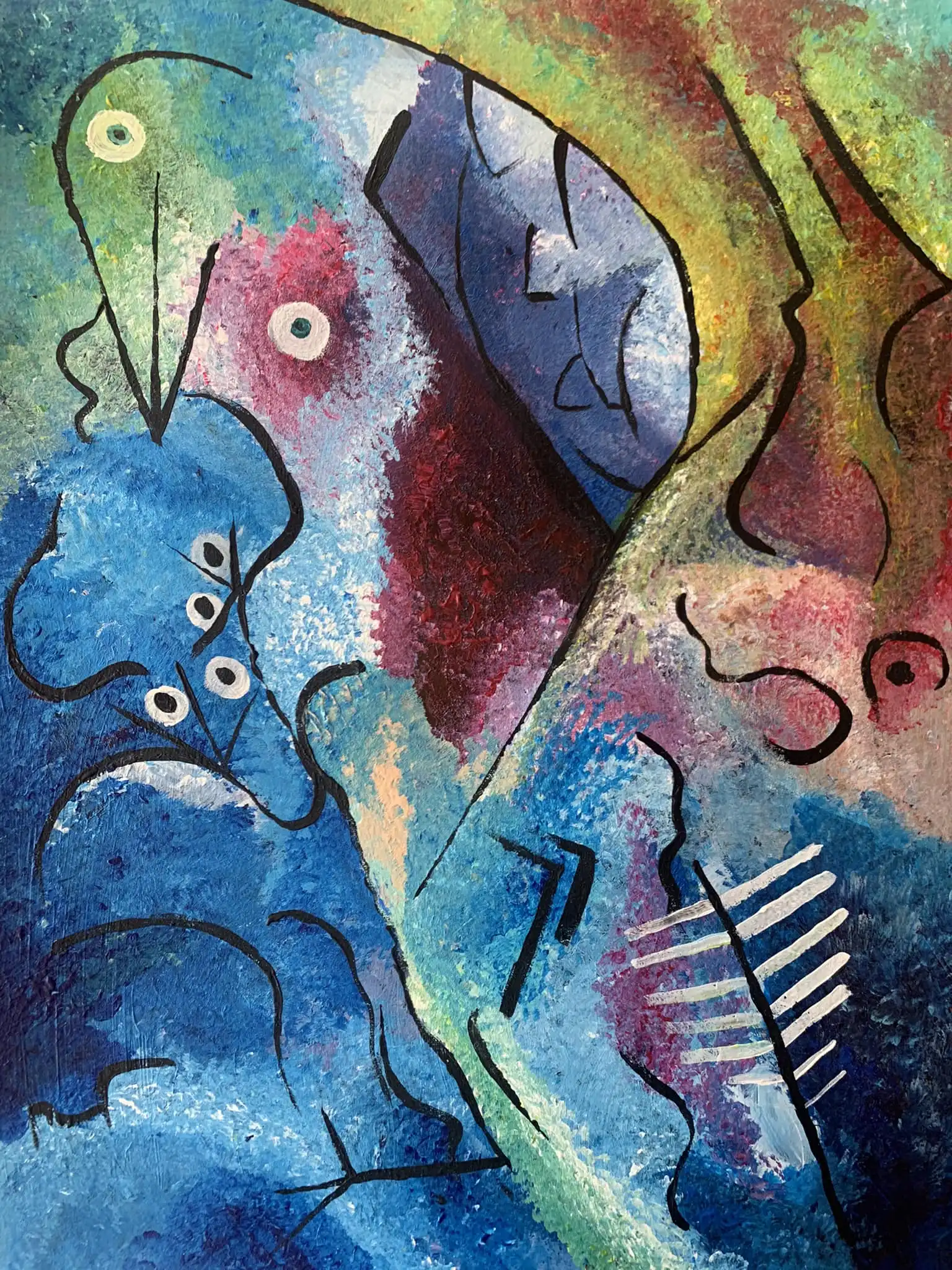 Peinture acrylique avec des formes biomorphes bleues fluides contrastées par des zones d'ocre et de brun chauds sur papier