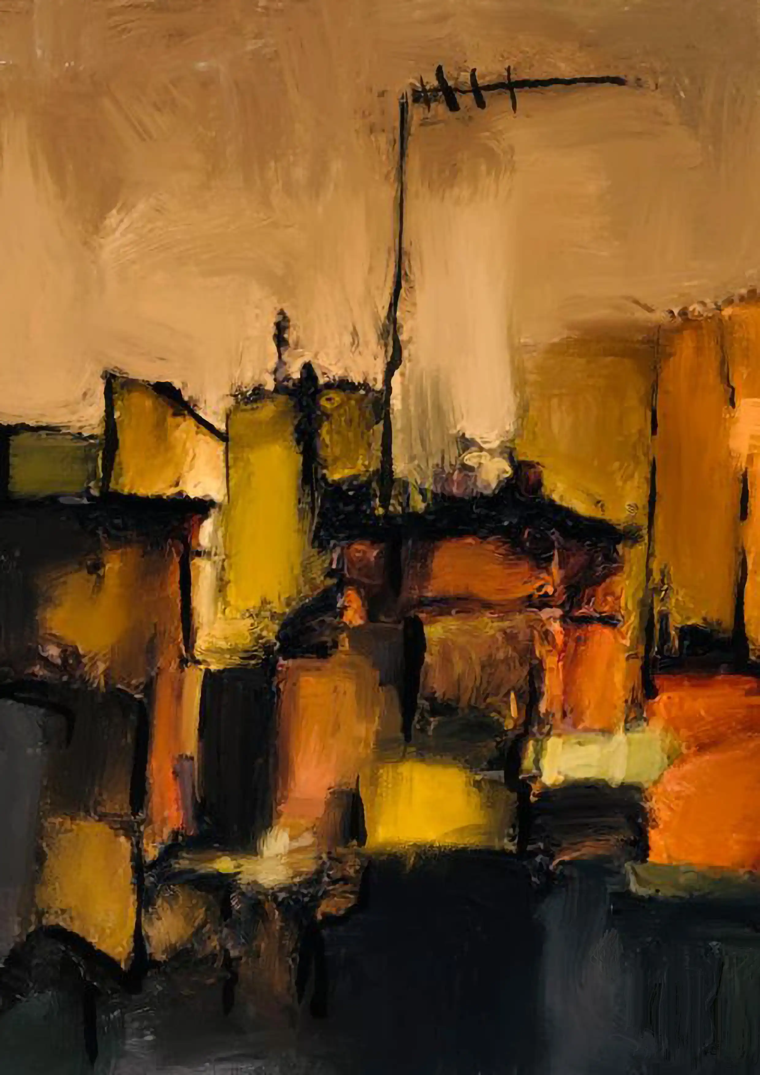 Peinture numérique de bâtiments parisiens : formes architecturales orange chaud et terre de Sienne brûlée avec éléments structurels noirs