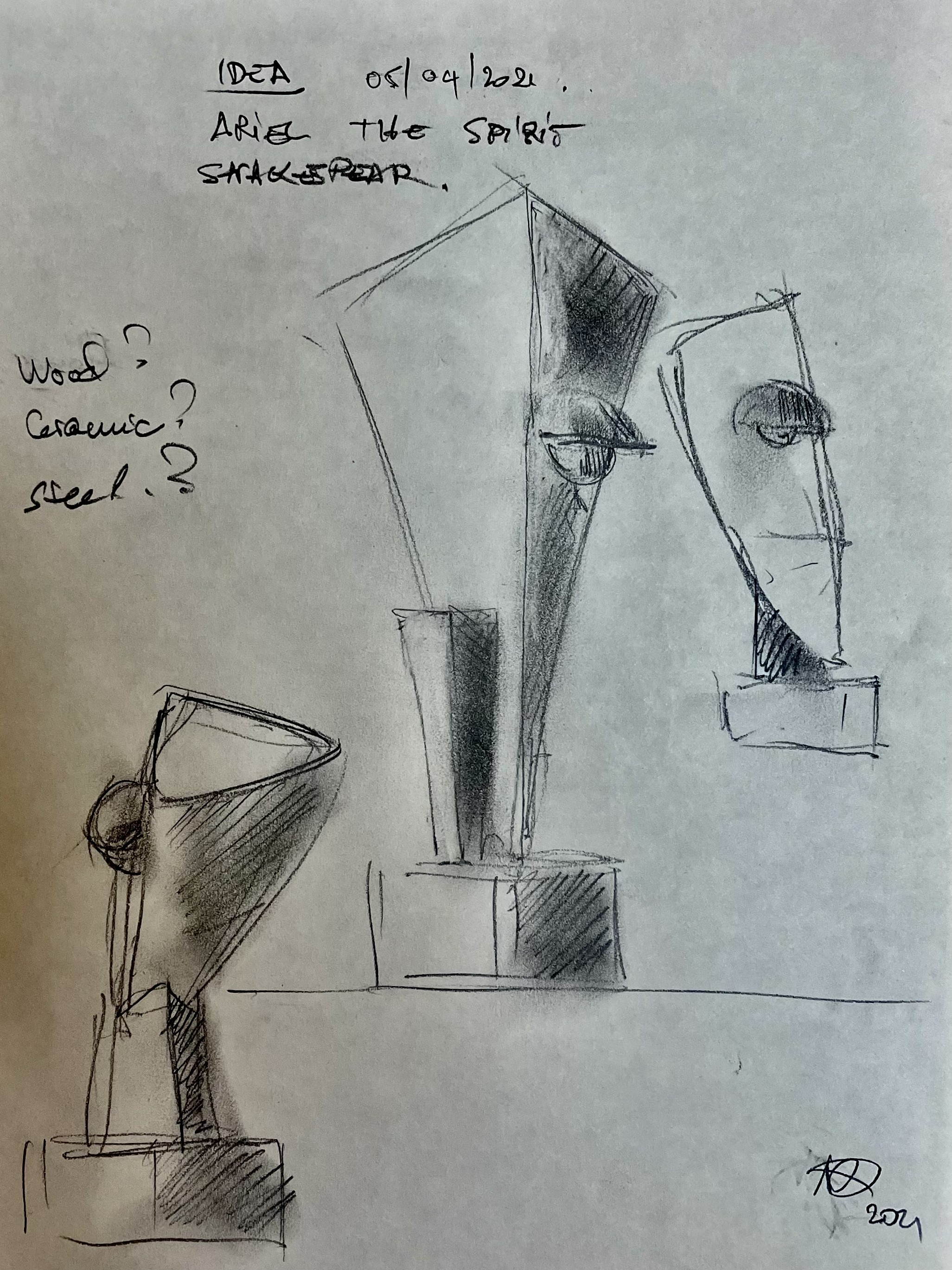 Dessin de carnet de travail au crayon : trois études de figures angulaires s'élançant vers le haut avec notes manuscrites sur les matériaux, 2021