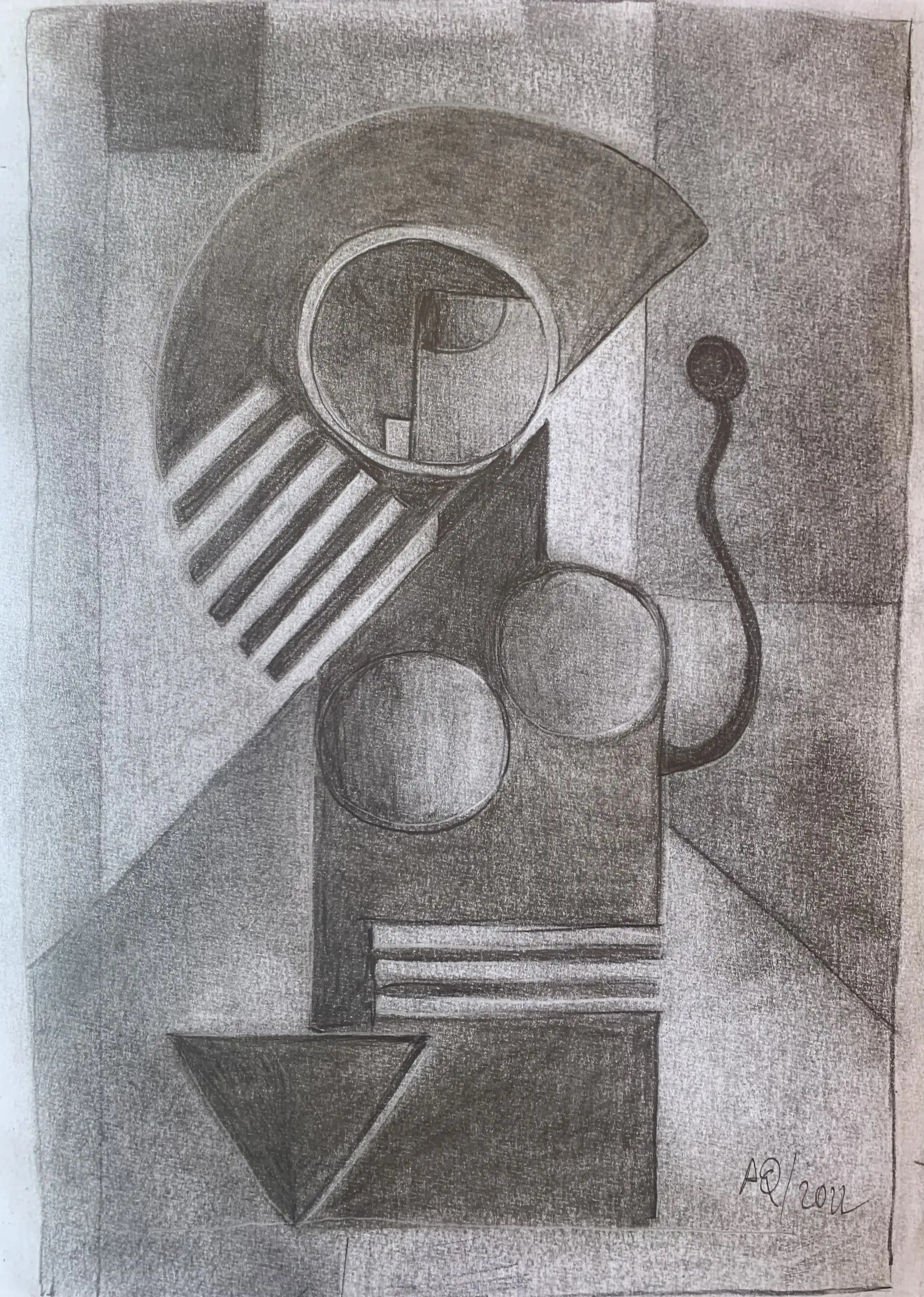Charcoal drawing with interlocking circles, angular lines, and striped patterns in gray tones suggesting abstract female form