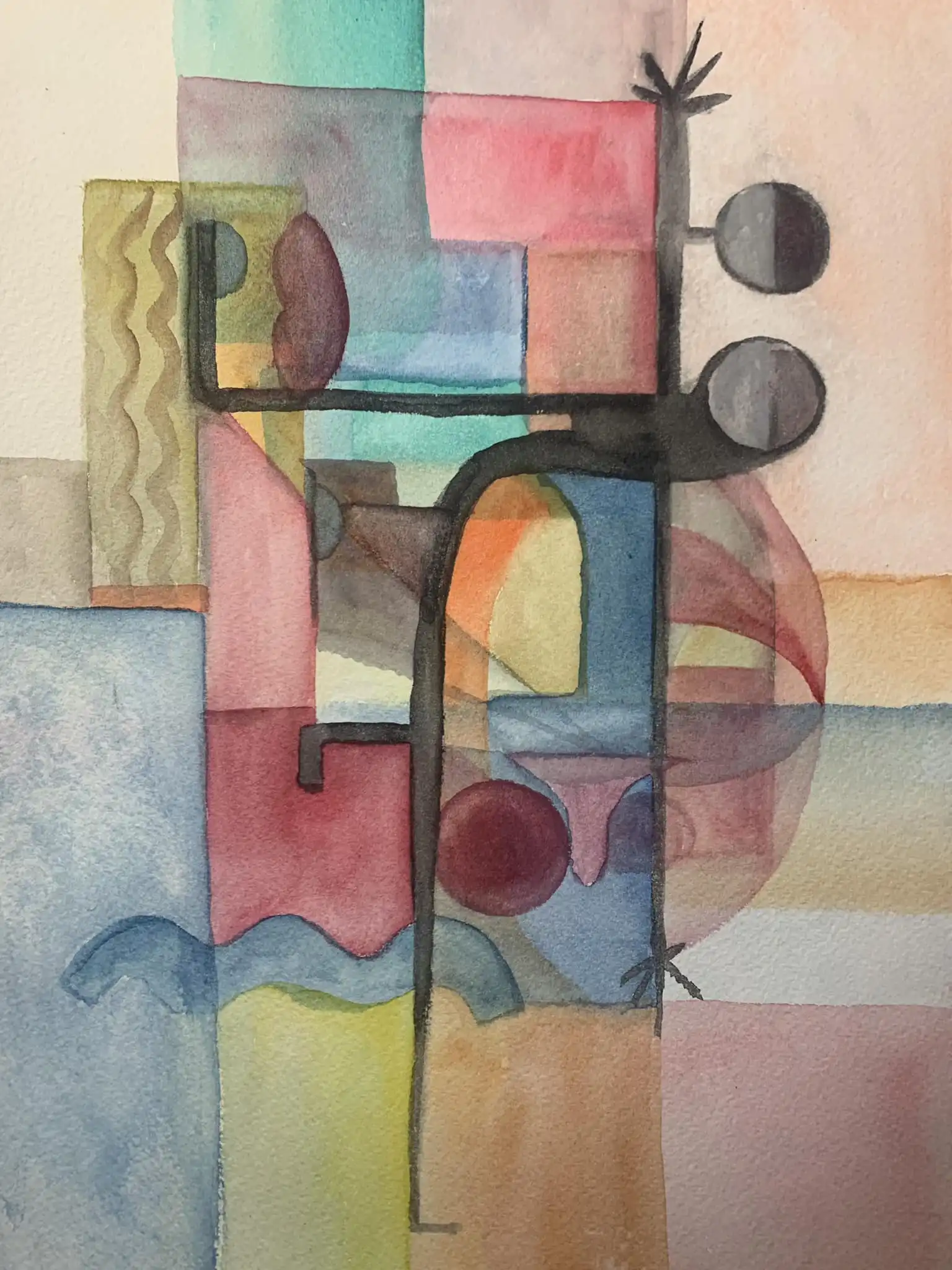 Watercolor painting with overlapping geometric shapes in orange, blue-green, and gray tones arranged vertically