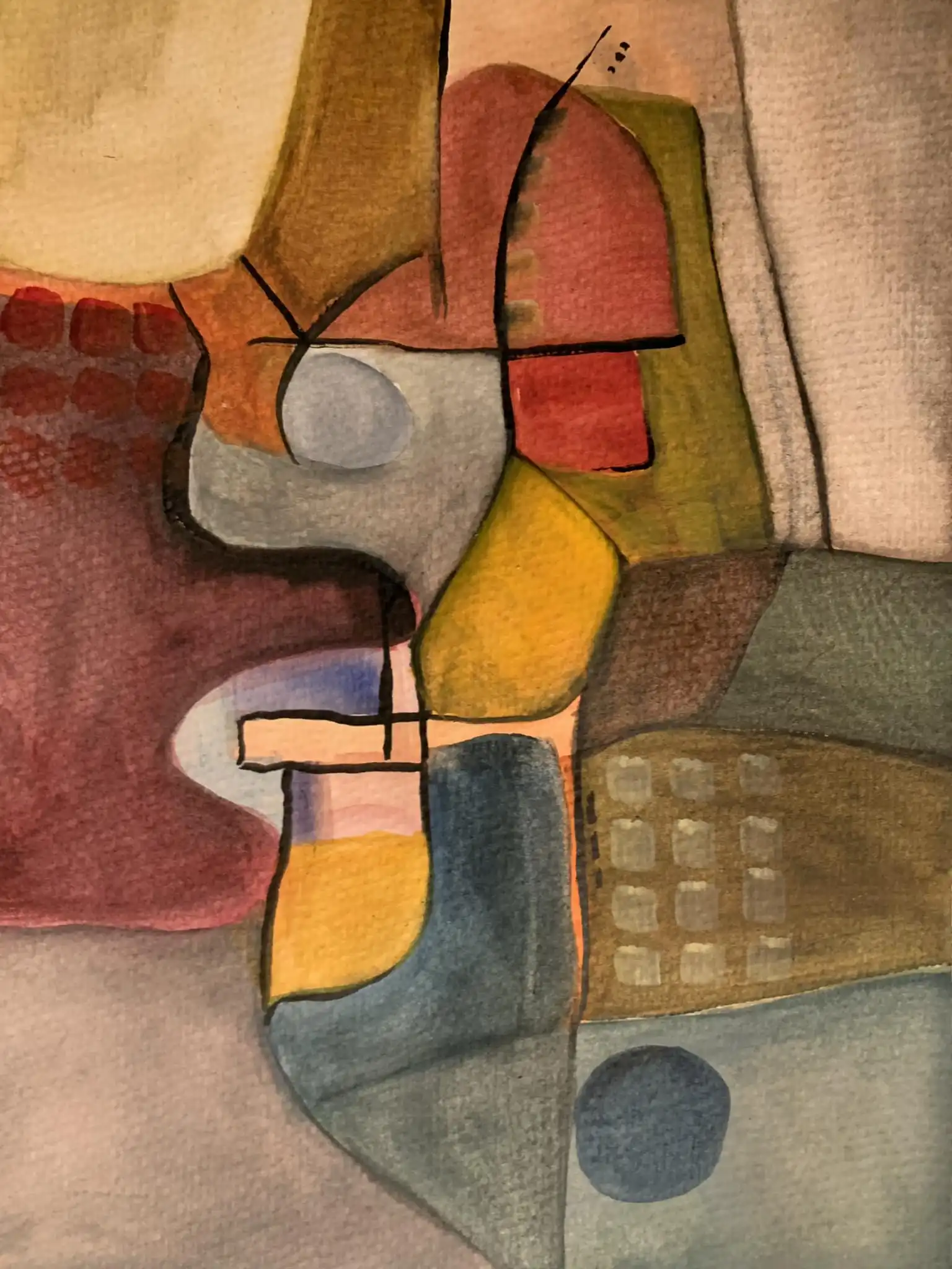 Peinture à l'aquarelle avec des formes géométriques orange et jaune-orange, accents violets et bleu-vert dans une composition abstraite