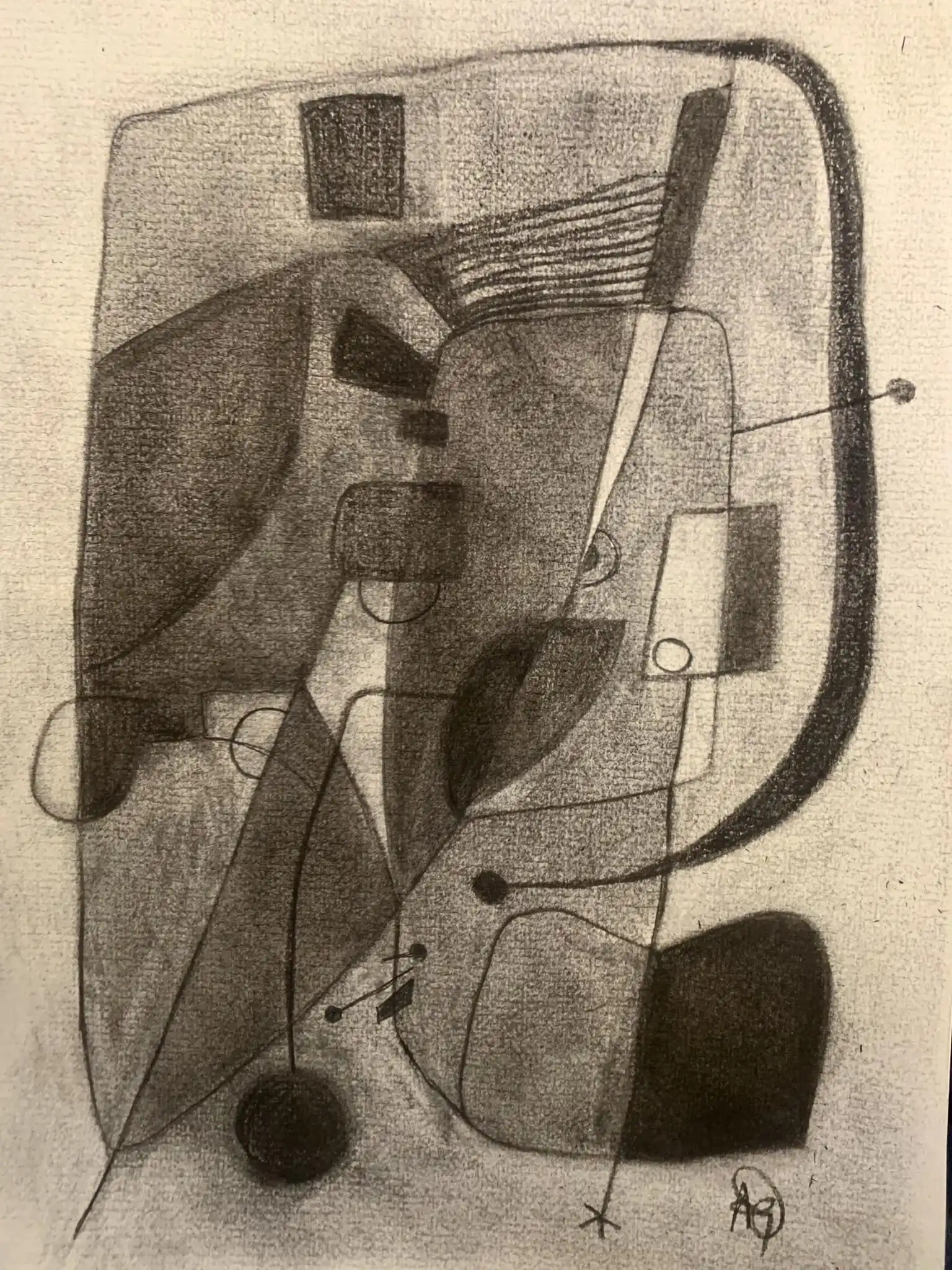 Abstract charcoal drawing with dark tones and geometric forms suggesting architectural and organic elements