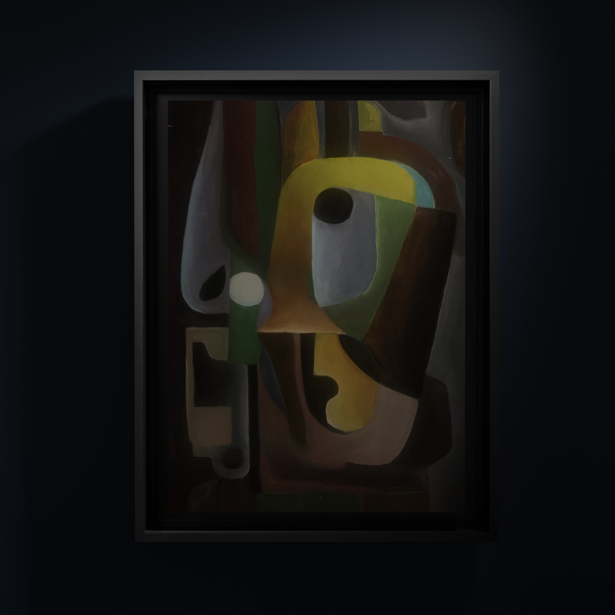 Peinture à l'huile avec fond noir dominant et formes orange-brun émergeantes suggérant le traitement visuel inconscient