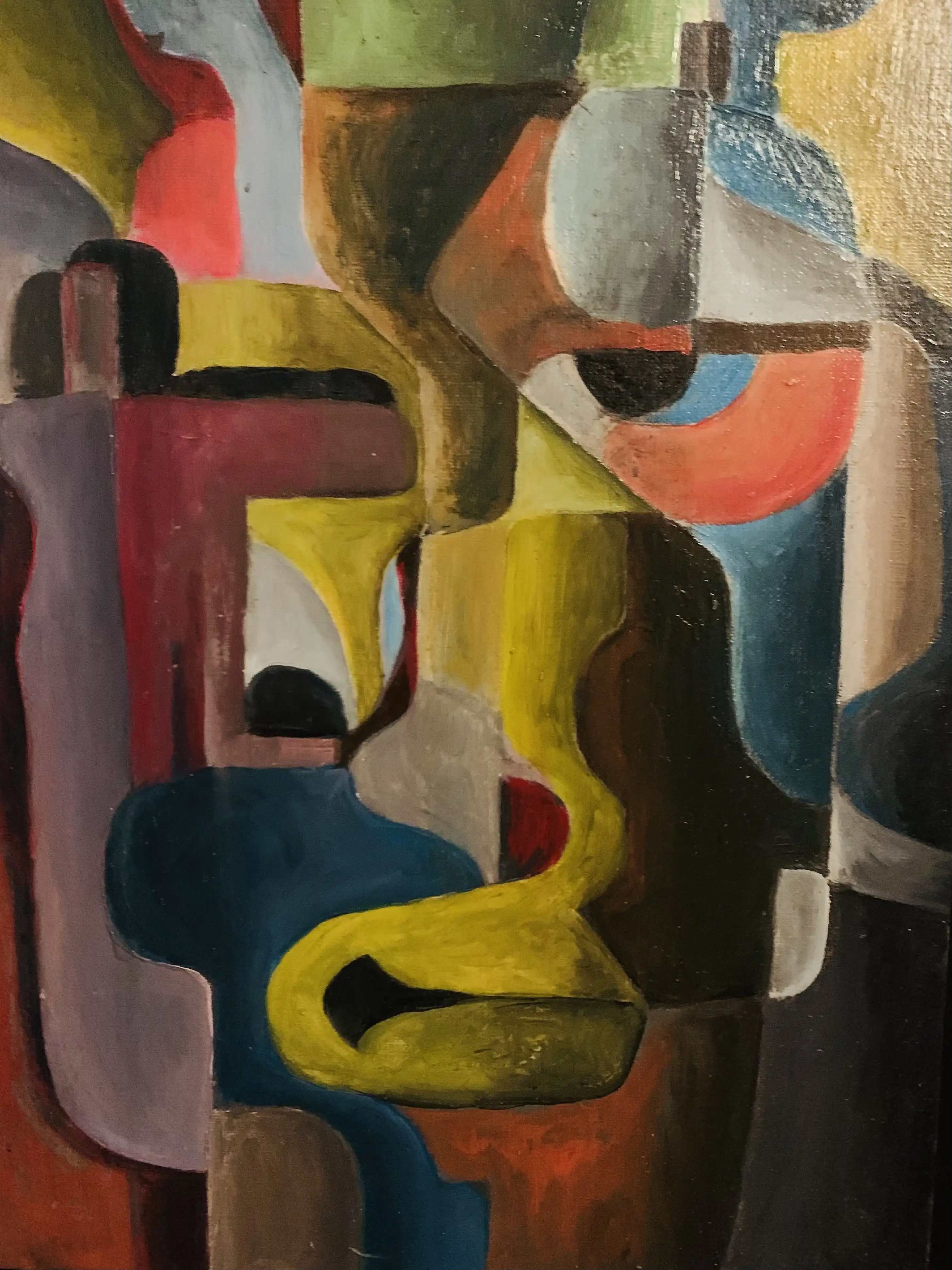 Oil painting with black geometric forms and warm orange-brown tones exploring philosophical concepts