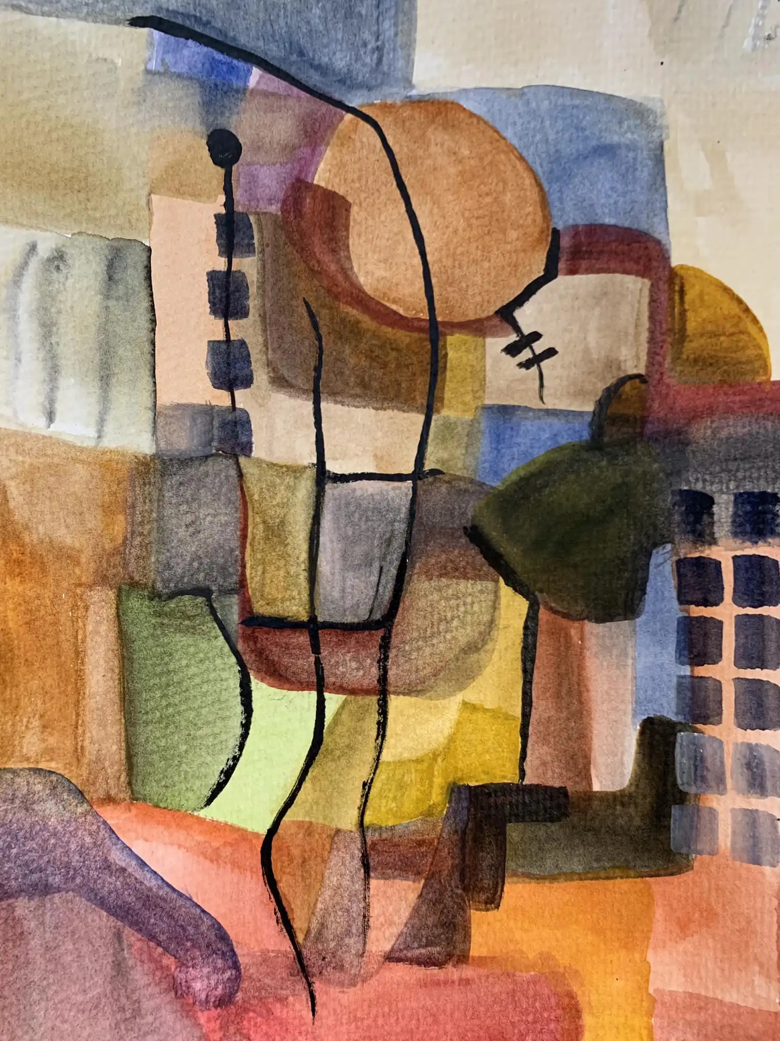Fa dièse Majeur - Réflexions 5 par Arnaud Quercy chez Art Quam Anima — aquarelle sur papier, Peinture à l'aquarelle avec formes géométriques orange et jaune-orange, accents violets, et transitions de couleur fluides