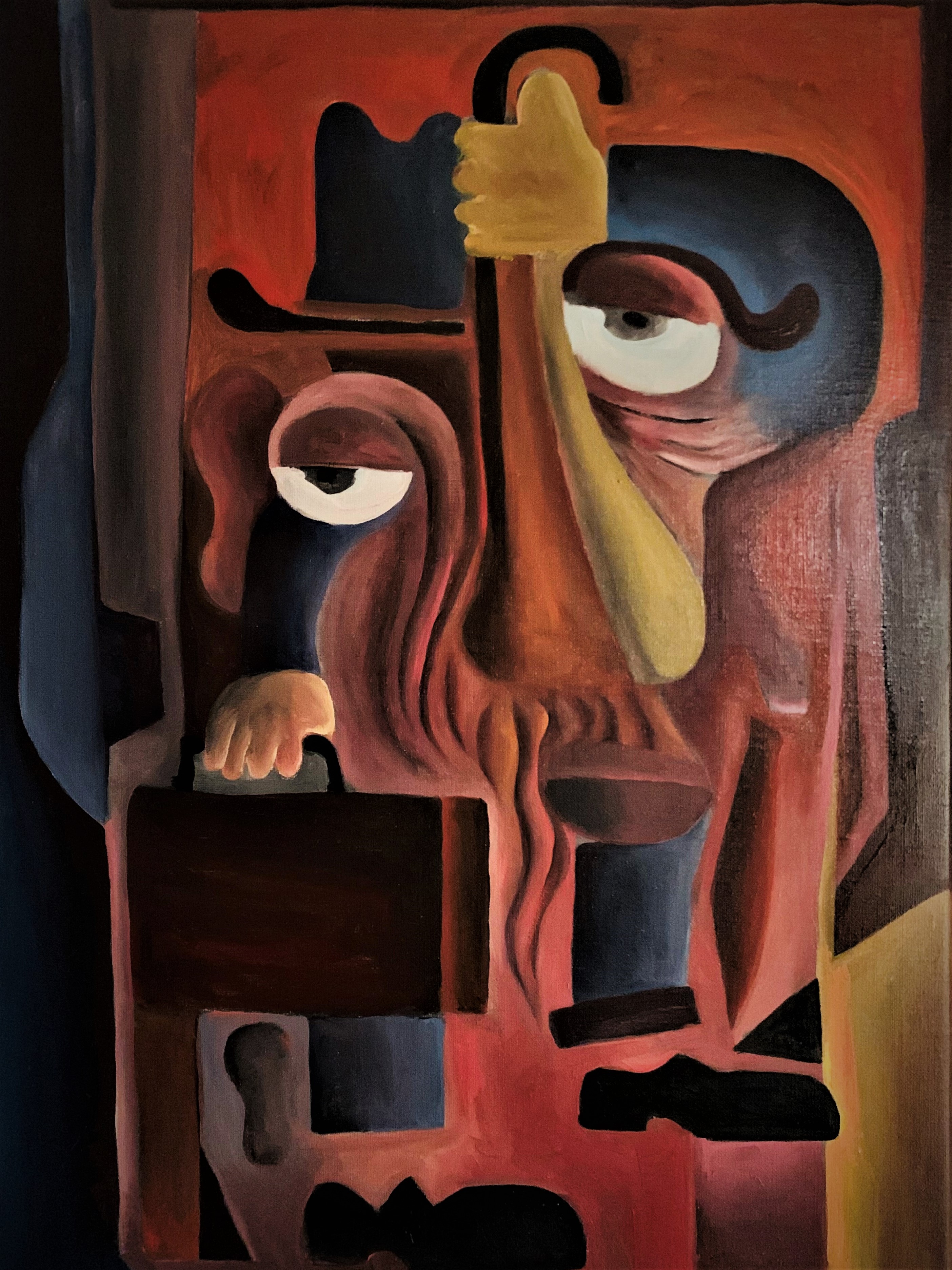 Peinture à l'huile : figures humaines géométriques en tons noirs, rouge-orange et terre de Sienne brûlée sur fond chaud