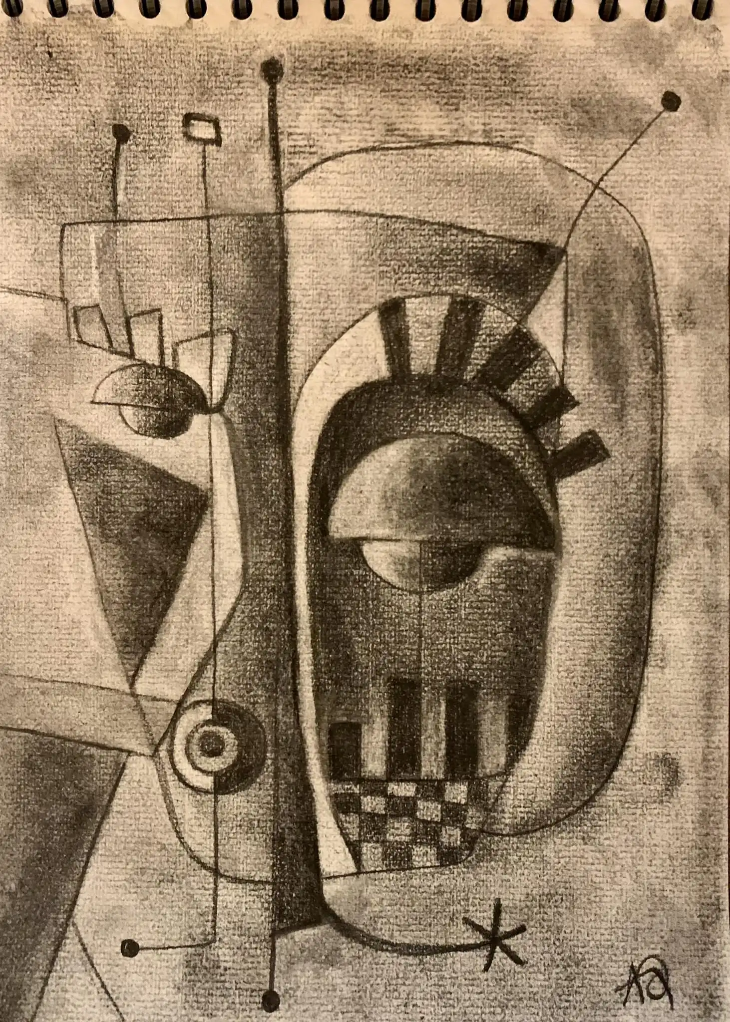 Charcoal drawing featuring bold geometric forms and abstract elements in black and gray tones on paper