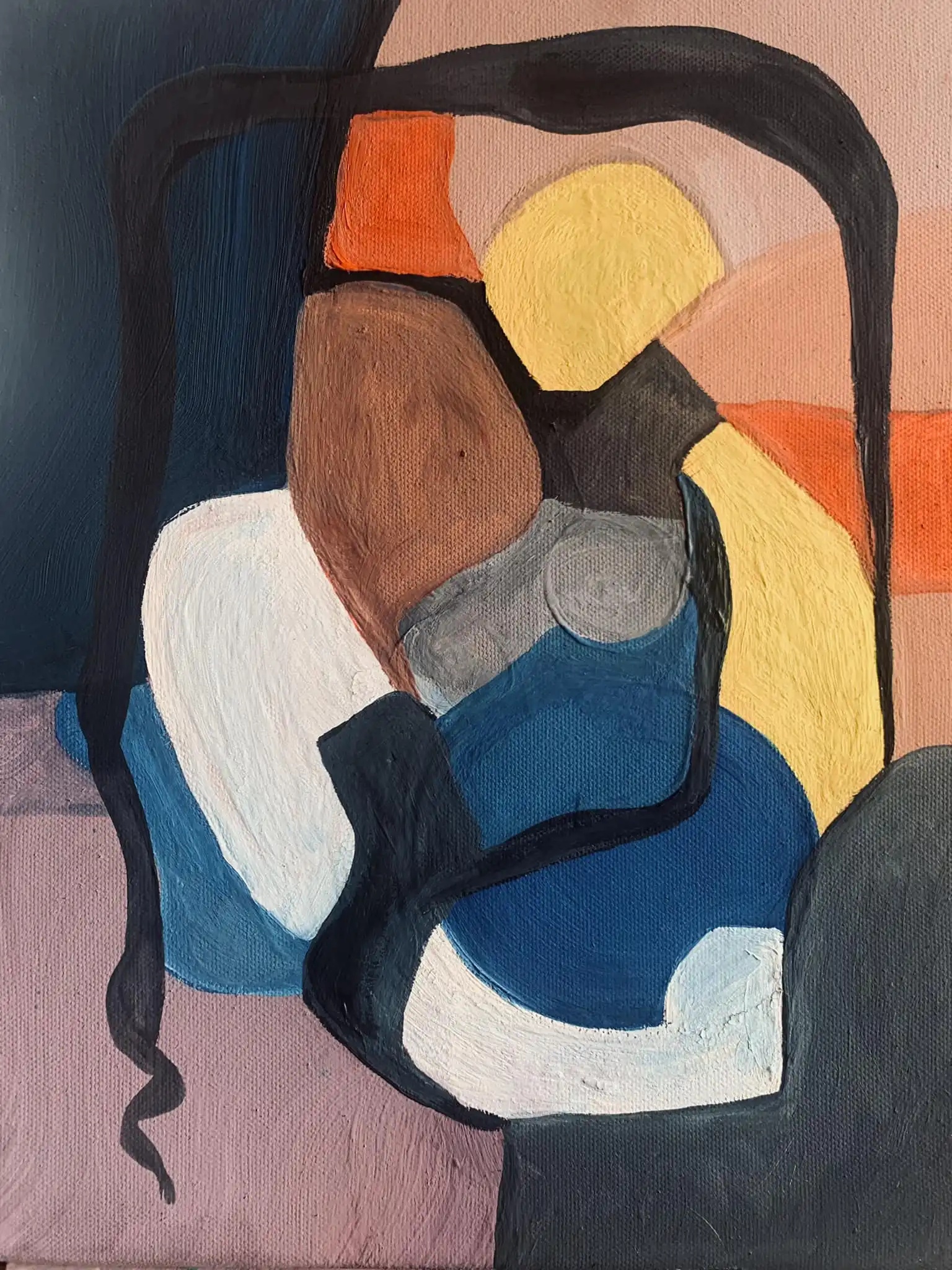 Morning cuddle by Arnaud Quercy at Art Quam Anima — Acrylic Painting on Paper, Abstract acrylic painting: interlocking forms in dark blue-violet, gray, orange, and yellow tones suggesting embrace