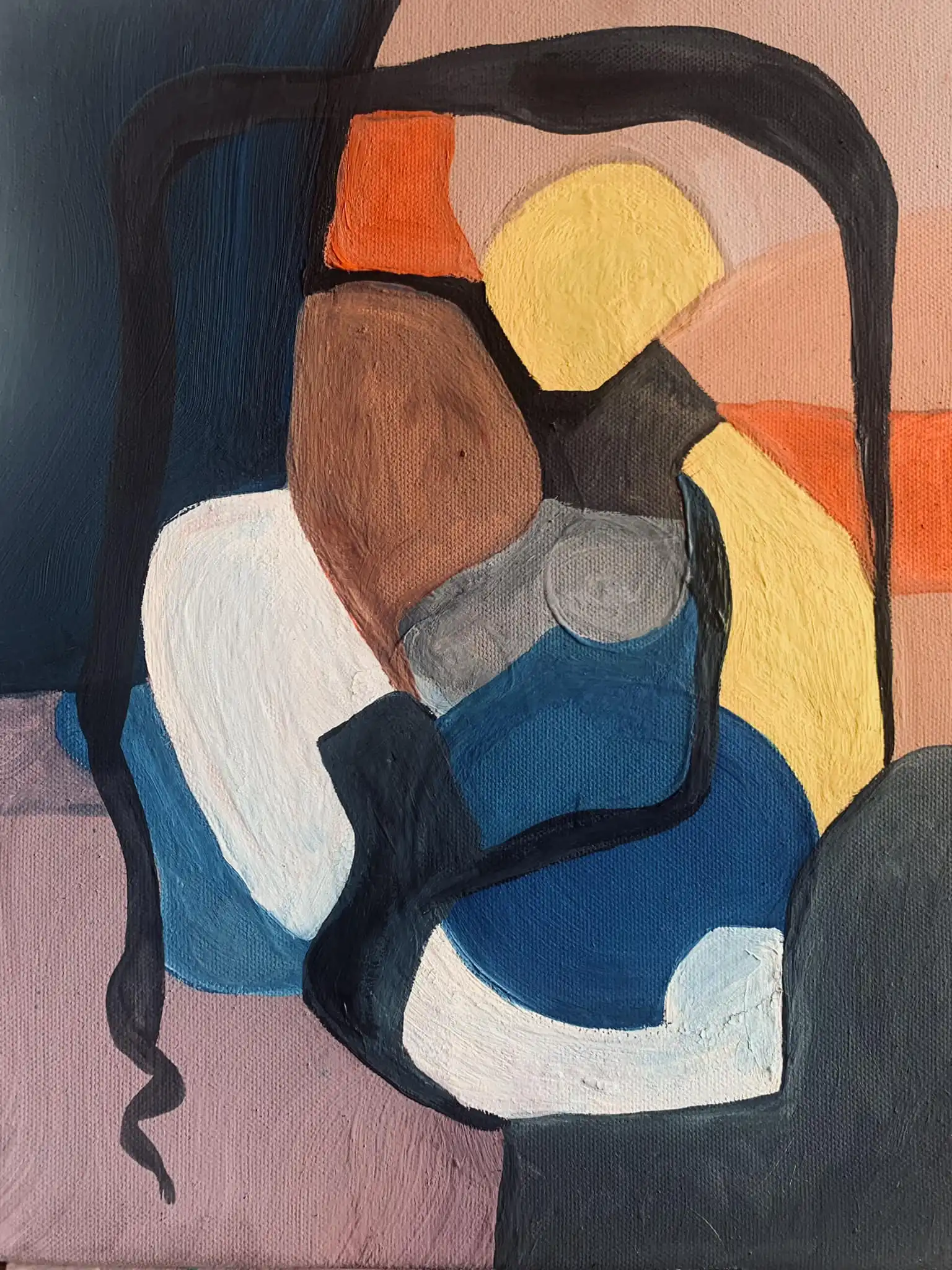 Abstract acrylic painting: interlocking forms in dark blue-violet, gray, orange, and yellow tones suggesting embrace