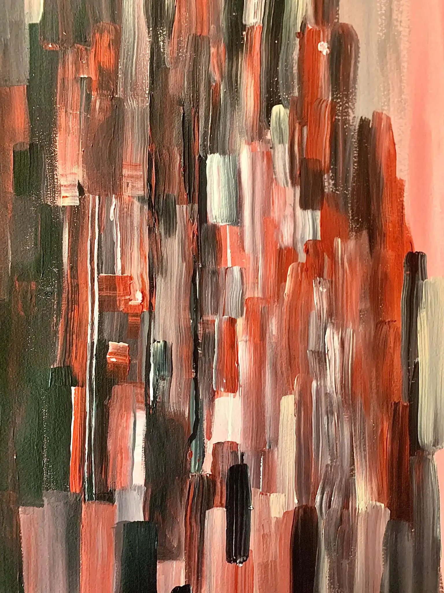 Acrylic painting with bold vertical brushstrokes in browns, oranges, and white accents creating rhythmic patterns