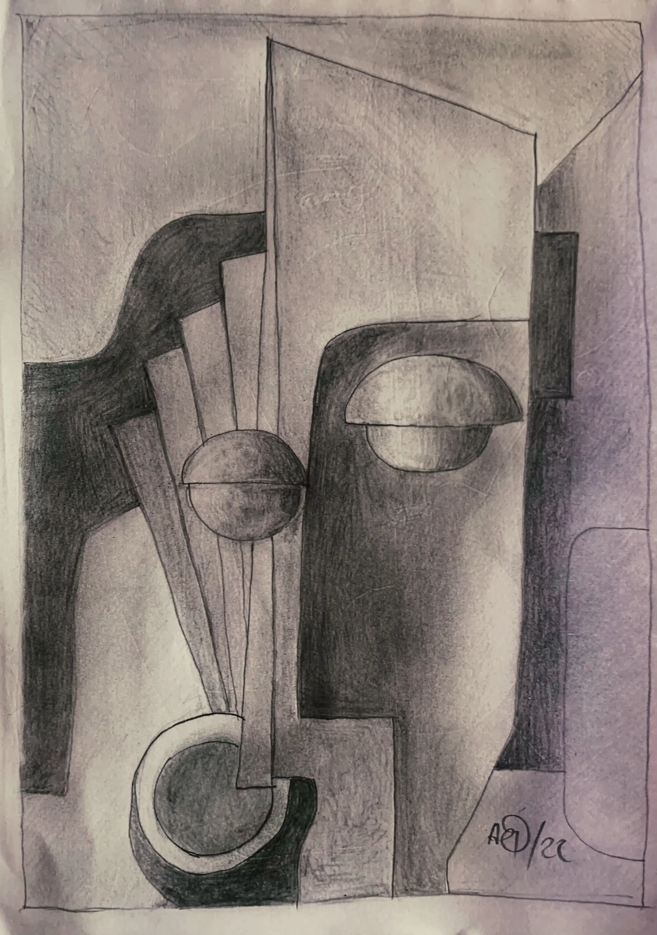 Cubist pencil drawing: fragmented figure in geometric planes with dark shading on left, lighter tones on right
