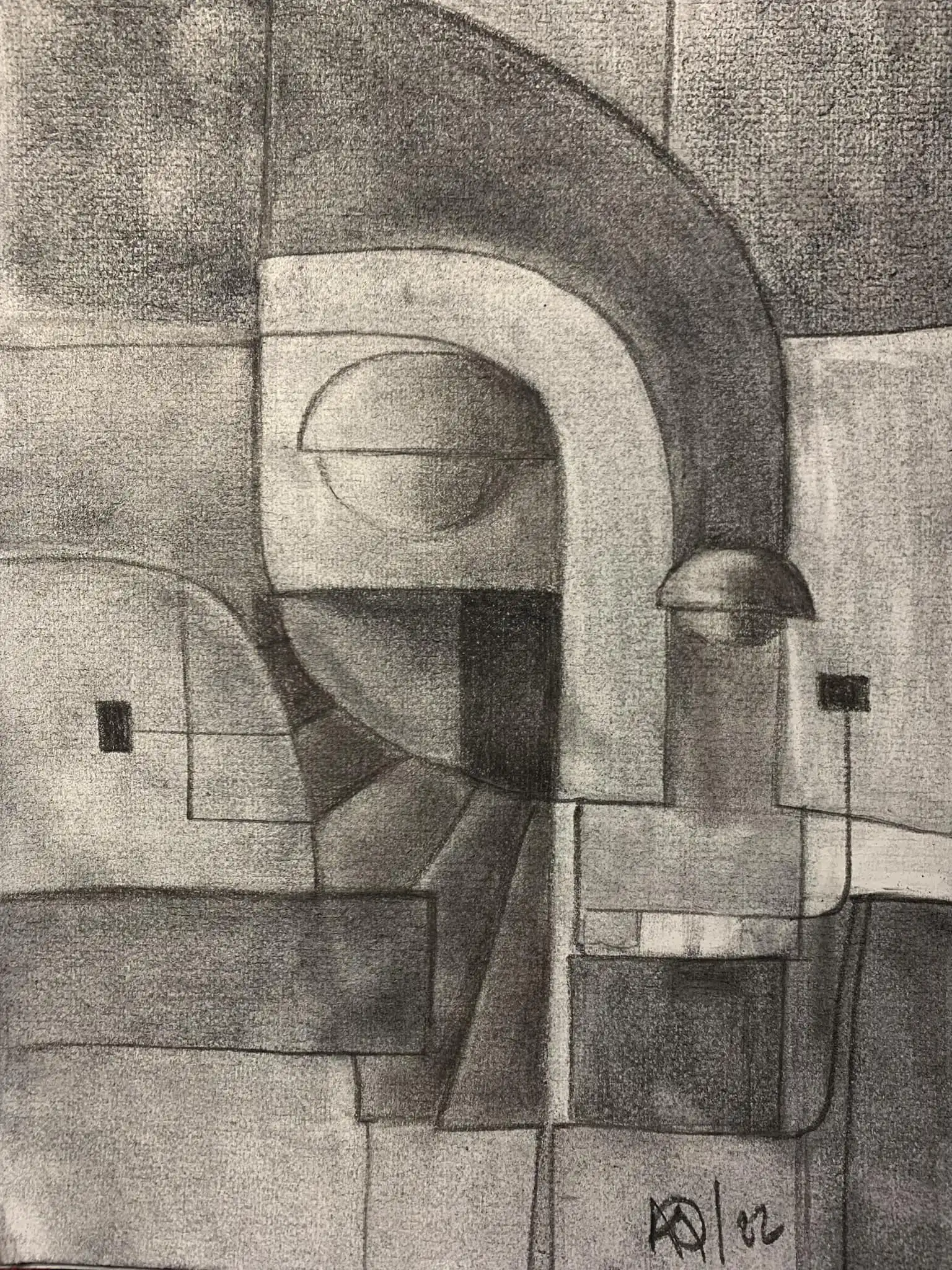 Charcoal drawing featuring geometric architectural forms in gray tones, depicting the legendary knight Sir Galahad