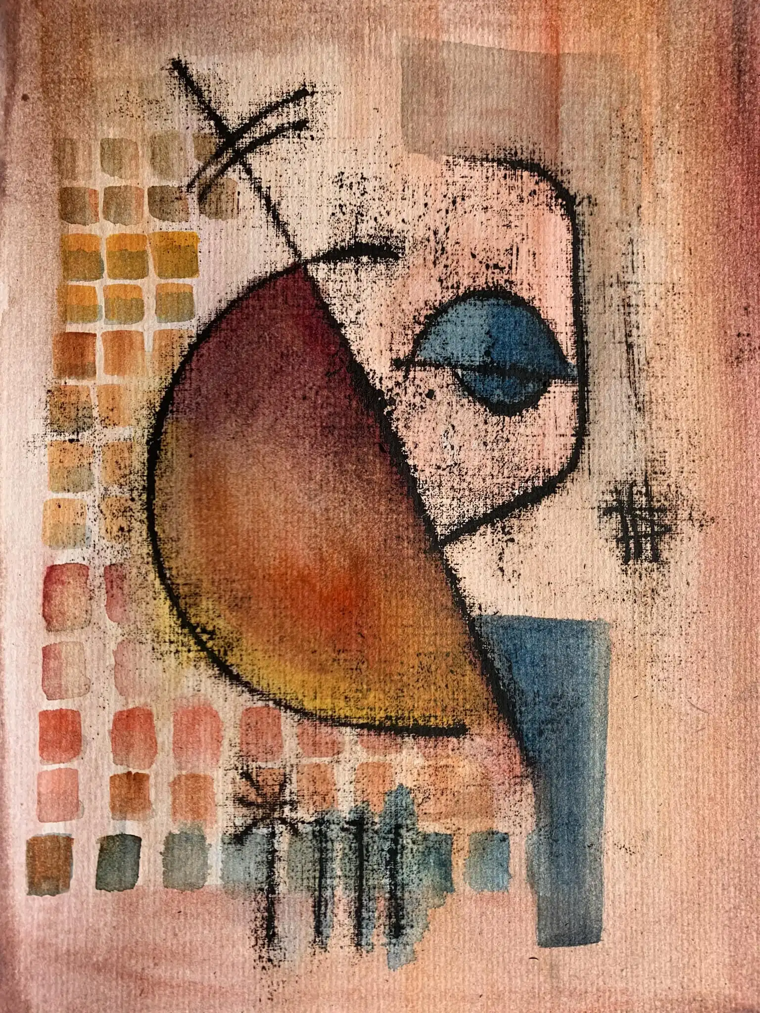 Watercolor painting depicting Sir John Falstaff in warm orange and brown tones with dark accents