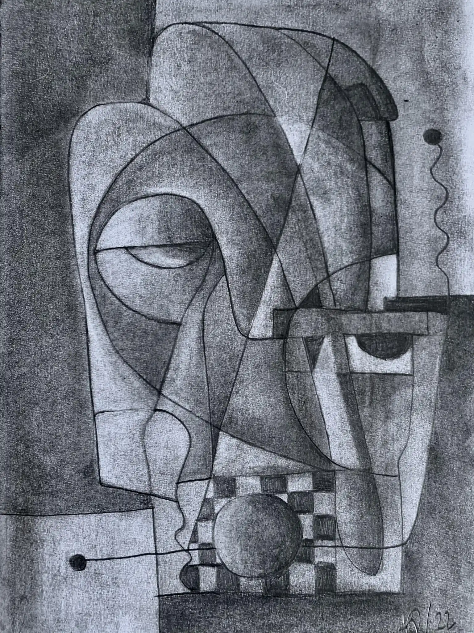 Charcoal drawing showing fragmented geometric portrait of alchemist figure with angular black lines and gray tonal areas