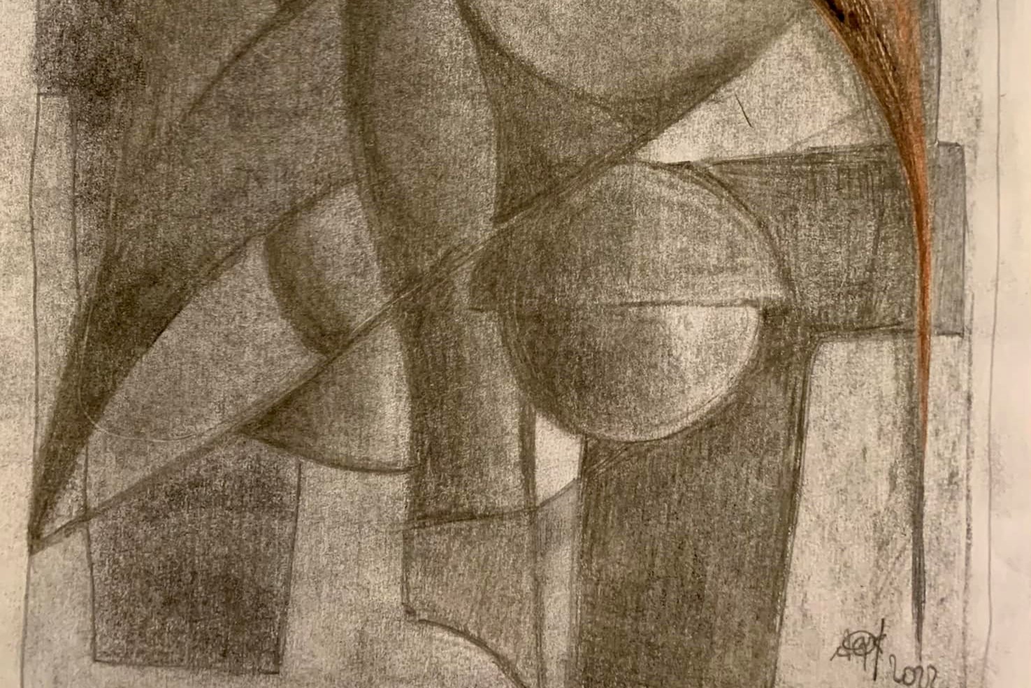 Charcoal drawing with interlocking geometric shapes: circular and angular forms in gray tones on paper
