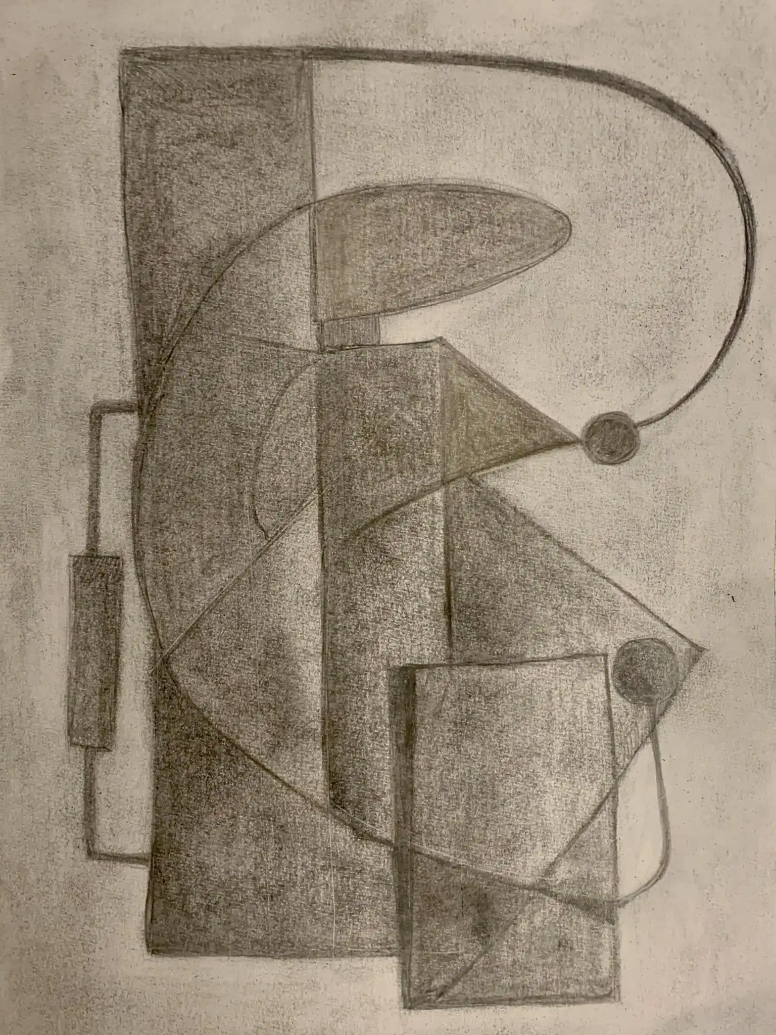 Charcoal drawing showing geometric abstraction of tram driver through angular planes in steel gray and yellow-orange