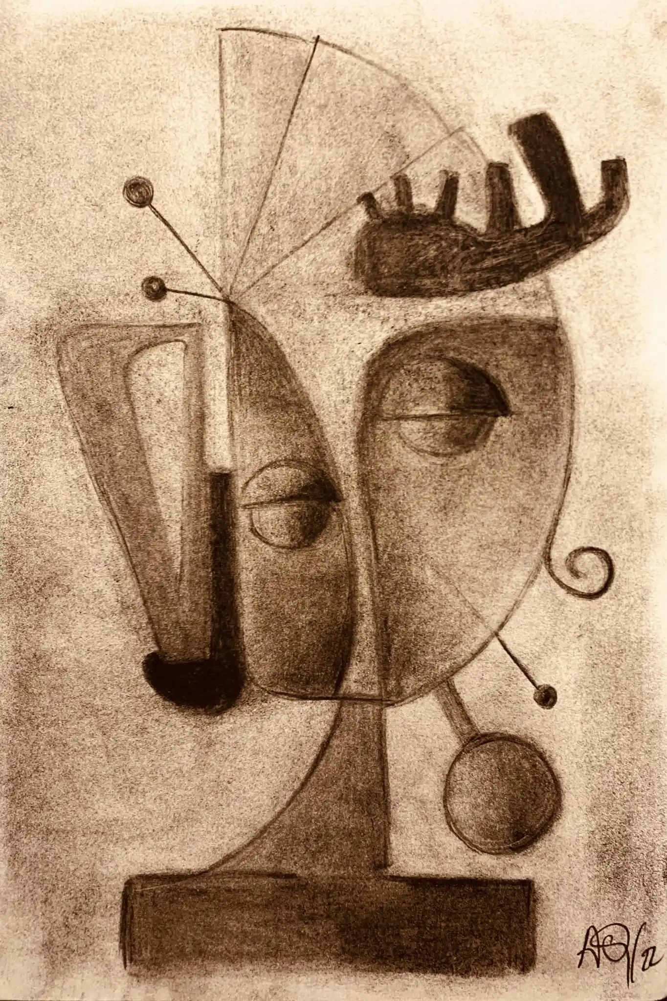 Charcoal drawing with angular geometric forms suggesting facial features in dark tones with light passages