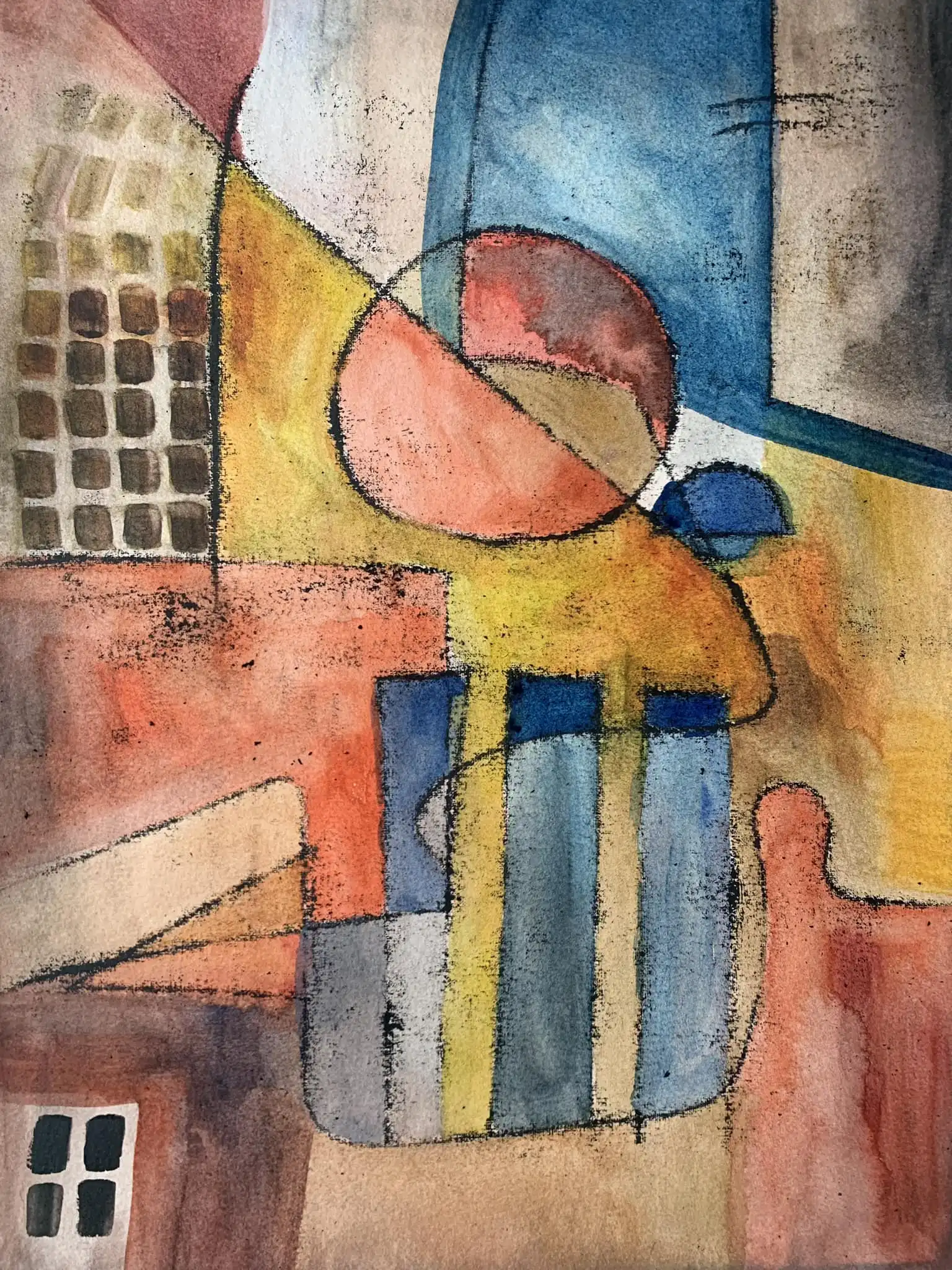 Aquarelle abstraite avec des formes géométriques orange, des accents bleus, et des motifs de grille suggérant des formes architecturales