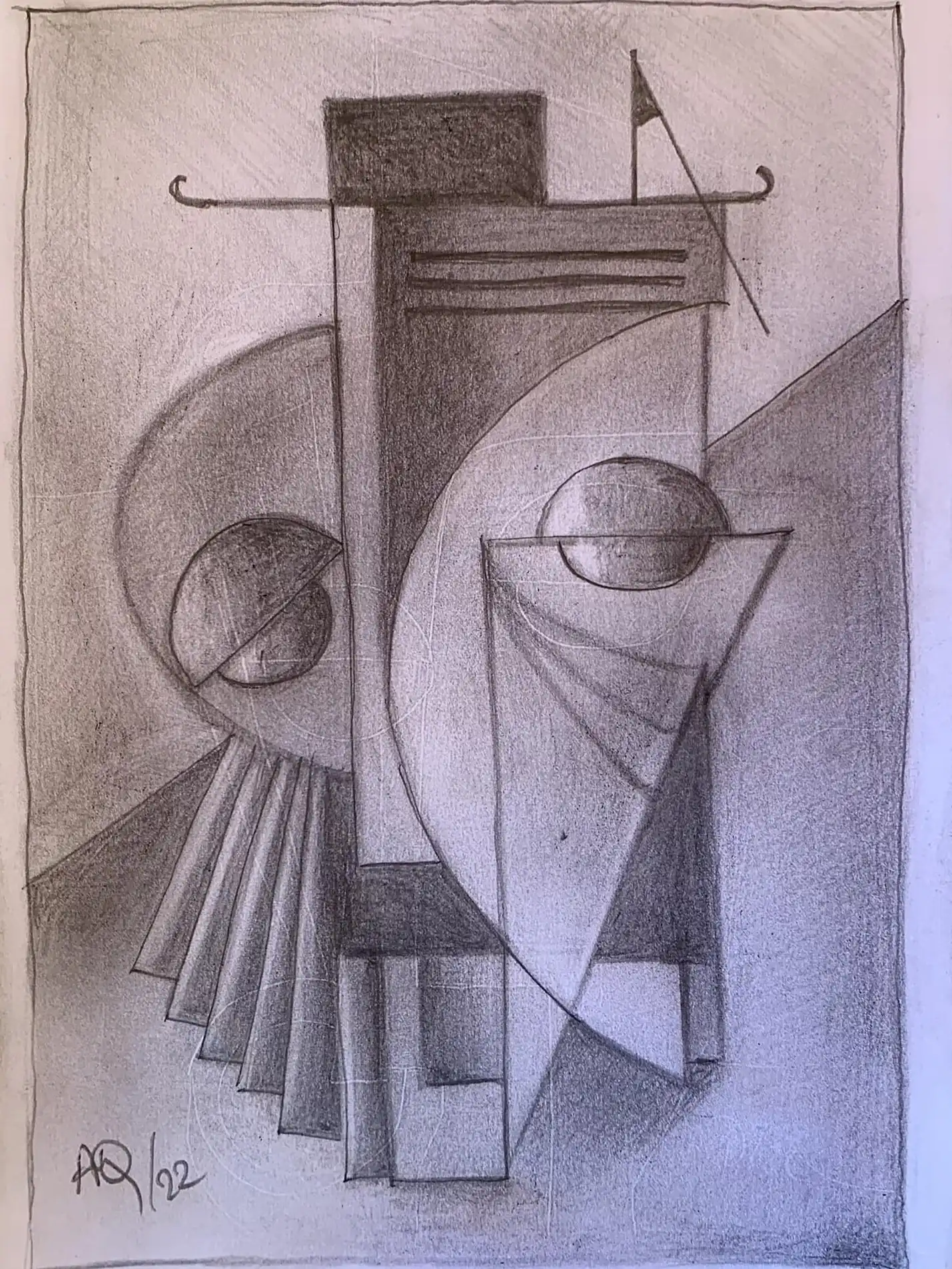 Pencil drawing showing geometric fragmentation of portrait with angular planes, curved elements, and radiating lines