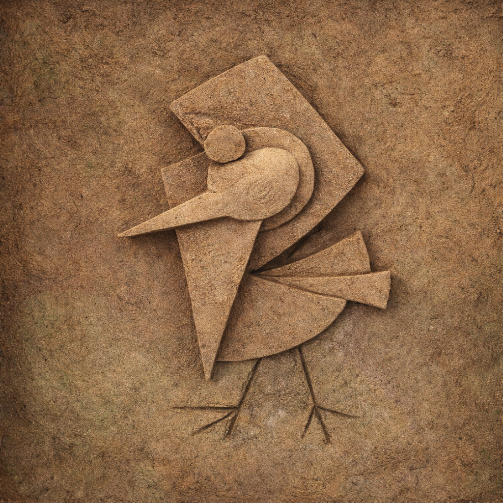 Abstract bird form carved in beach sand with angular geometric planes in warm earth tones