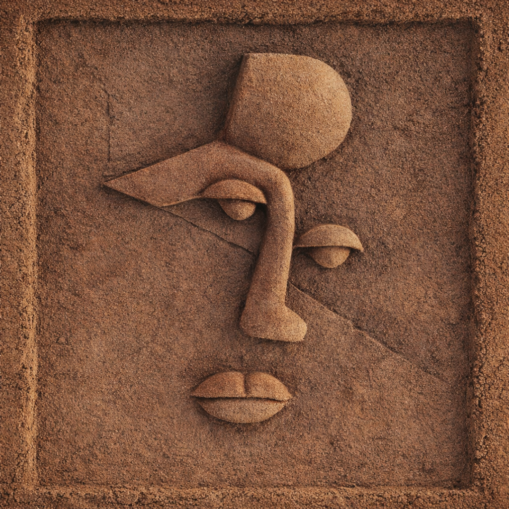 Sand bas-relief sculpture of stylized face in profile, warm brown tones, Salou Beach 2022