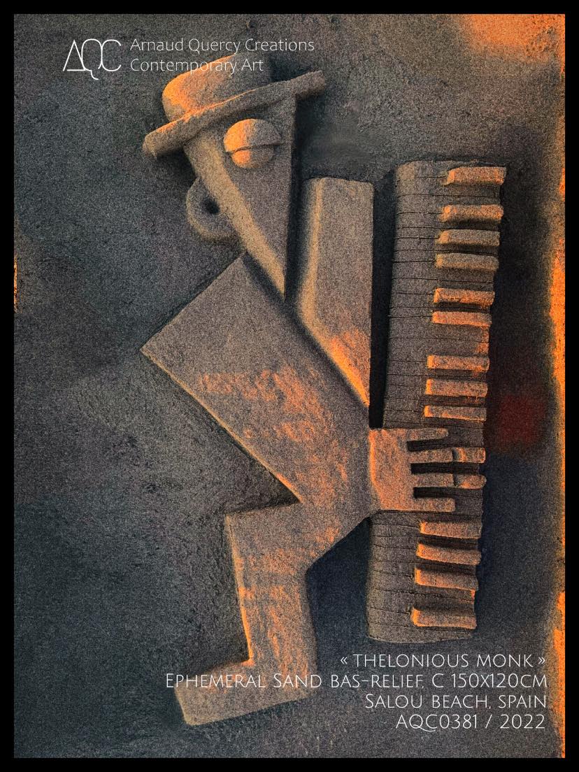 Sand bas-relief portrait of Thelonious Monk with hat and piano keys, warm earth tones, Salou Beach