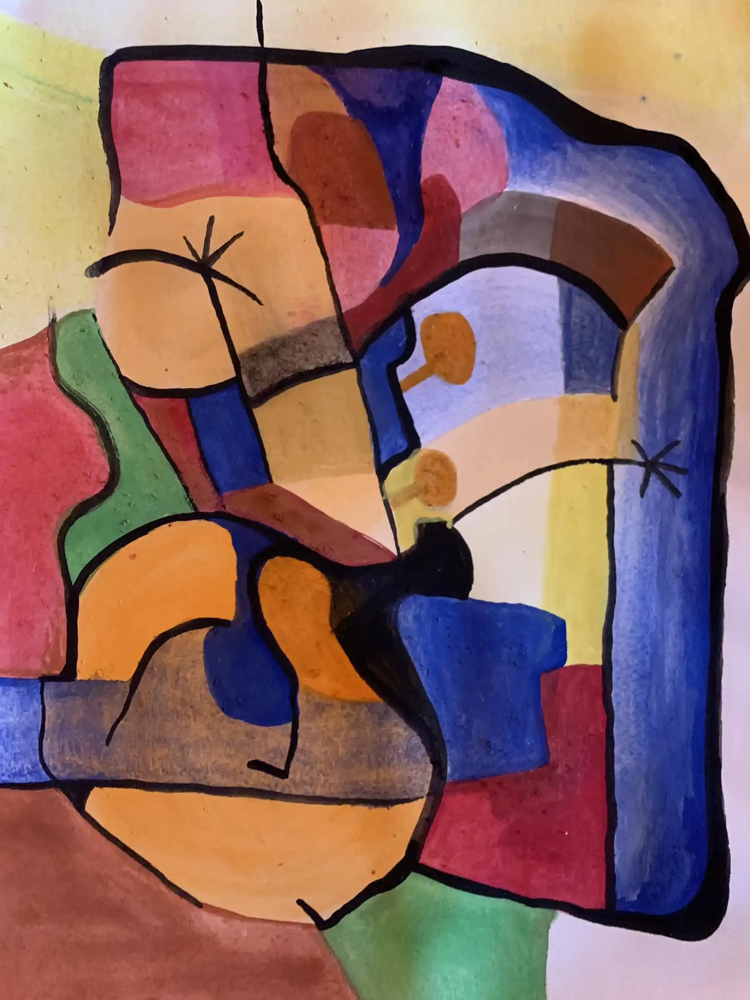 Gouache painting with flowing geometric forms in orange, burnt sienna, and indigo with black linear elements