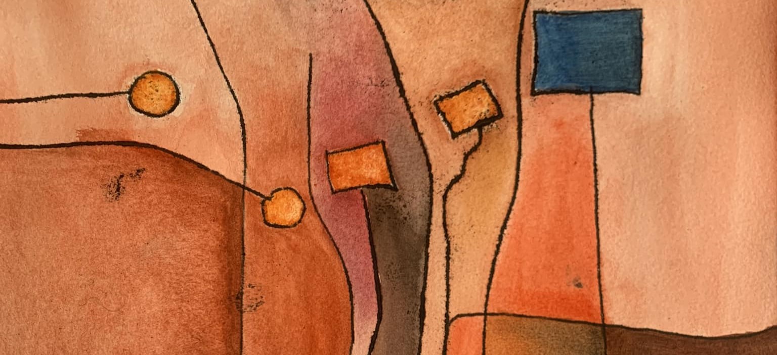 Peinture à l'aquarelle avec formes géométriques orange et carré accent bleu, traduisant l'accord La bémol Majeur en couleurs visuelles