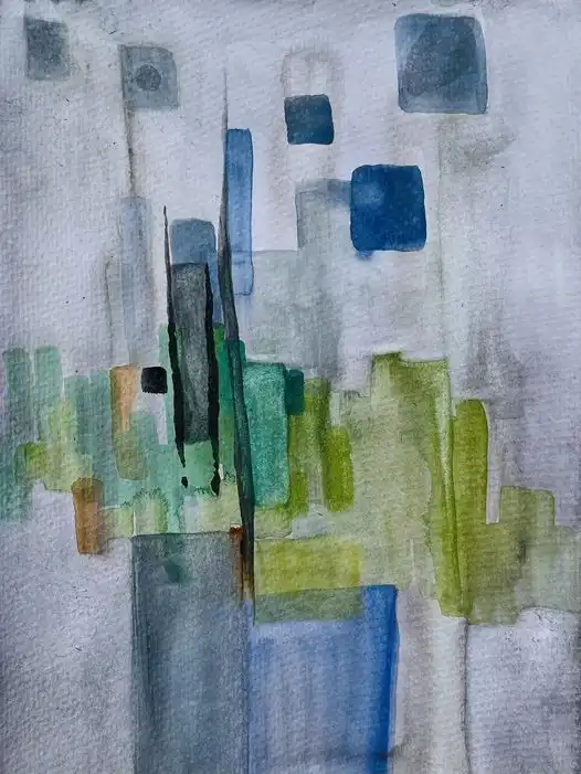 Watercolor painting with silver-gray background, blue geometric forms above, yellow-green organic shapes below