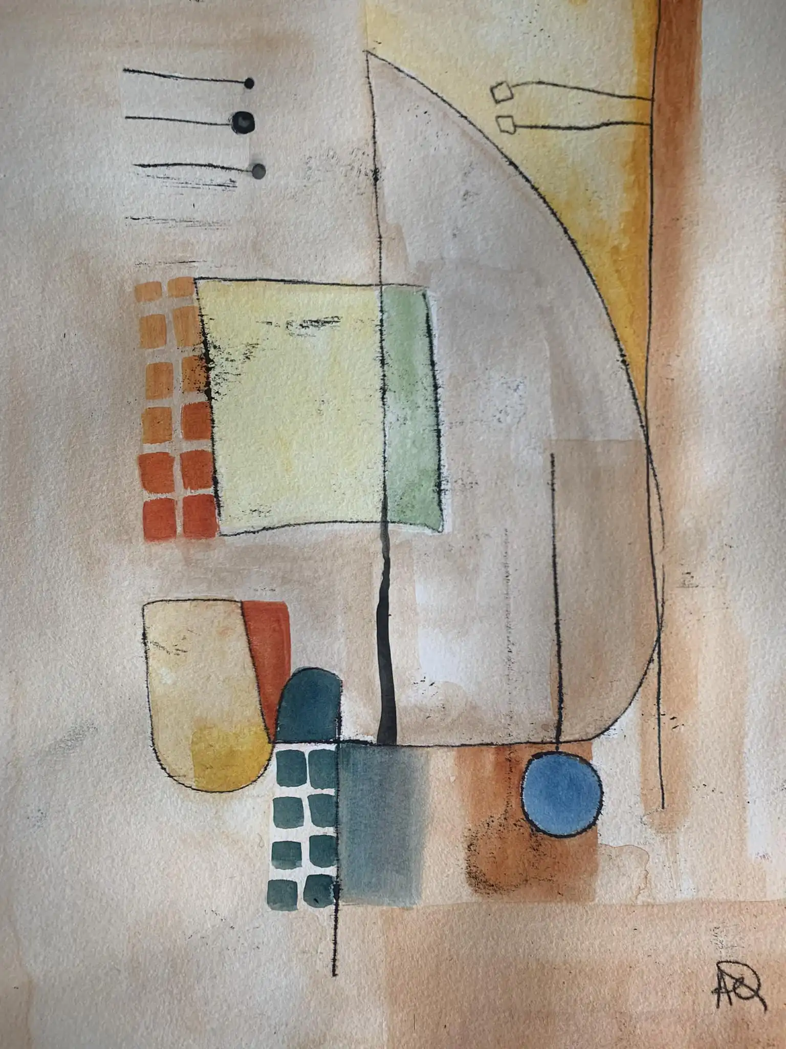 Aquarelle avec tons gris, éléments orange, et accents bleu-violet arrangés en formes géométriques sur papier