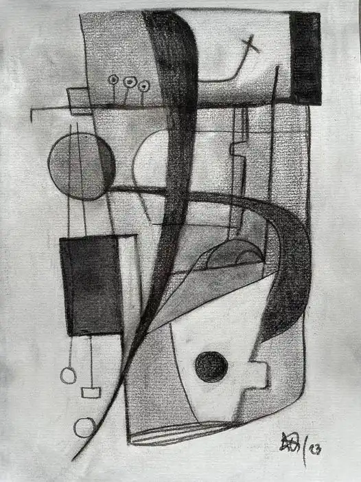 Dessin abstrait au fusain avec formes géométriques et courbes créant une intersection urbaine-naturelle sur papier