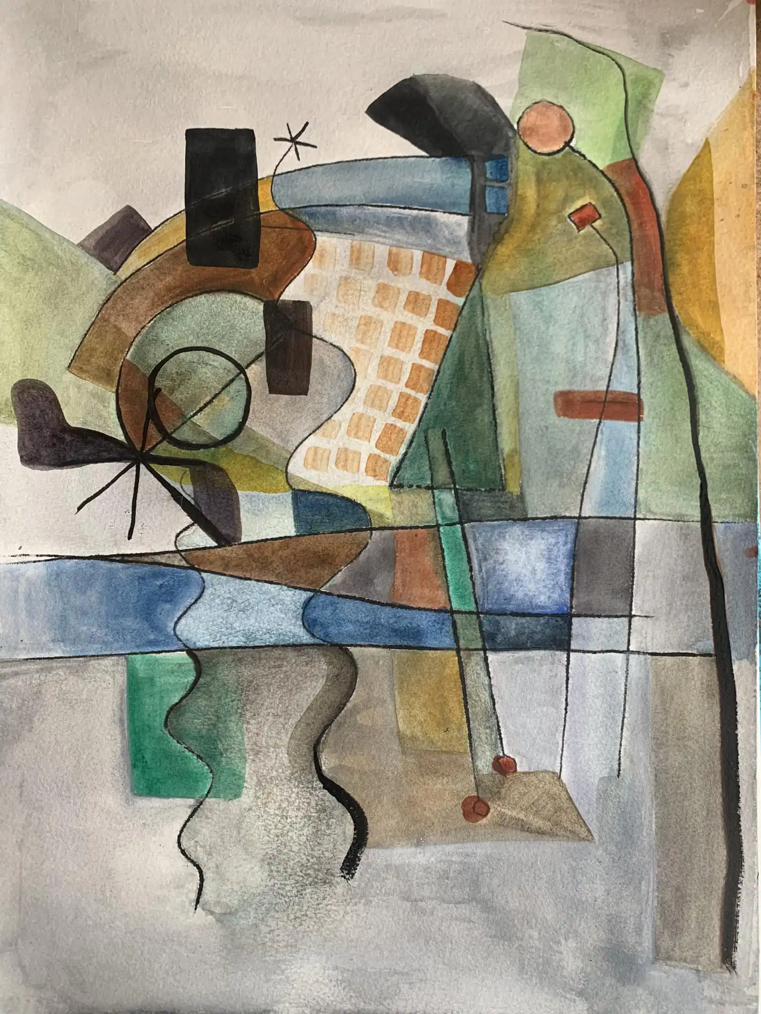 Peinture à l'aquarelle avec des formes géométriques jaune-orange et jaune-vert, accents bleus, traduction musicale abstraite