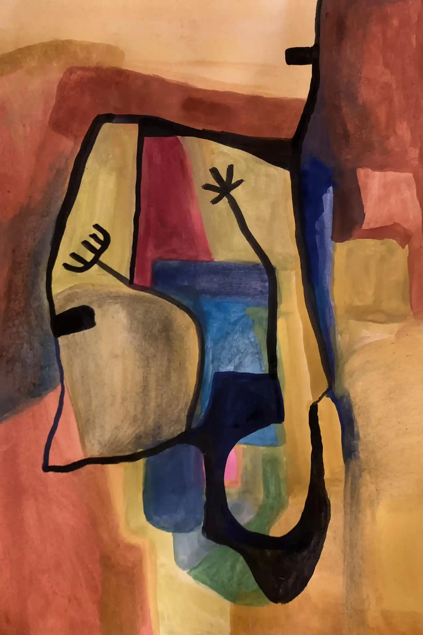 Peinture gouache avec des formes orange et rouges soulignées en noir, suggérant des instruments de musique et des figures en mouvement