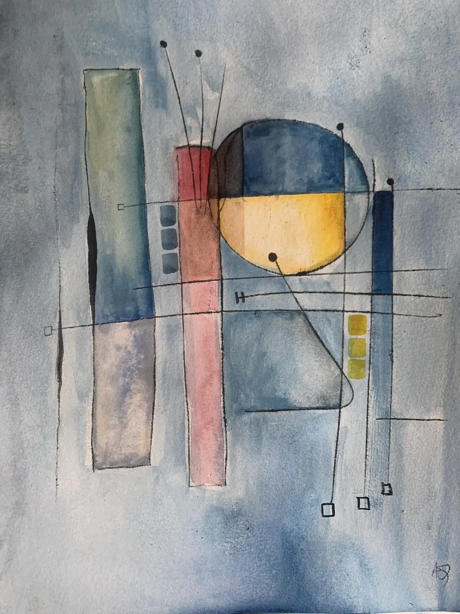 Watercolor with geometric forms: gray rectangles, blue circle, warm orange and yellow accents on neutral background