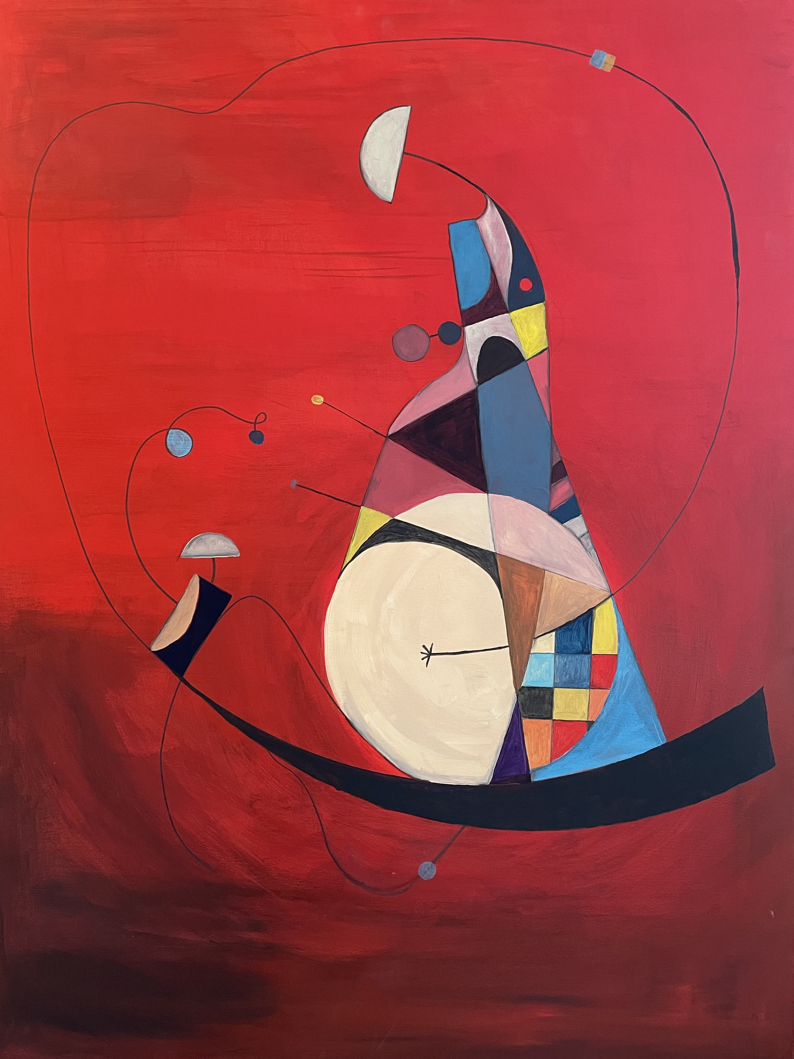 Acrylic painting on red ground with pregnant woman figure, geometric patterns, and sweeping black lines