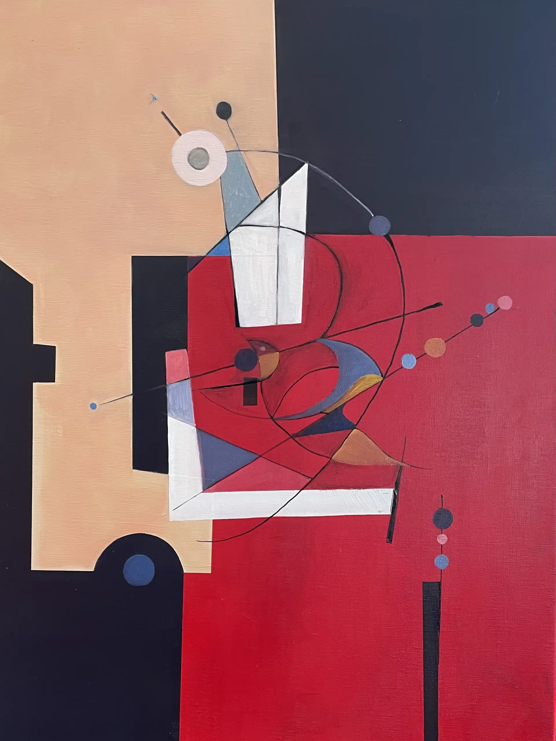 Abstract oil painting with tan, red, and violet geometric shapes suggesting musical notation and flute melody