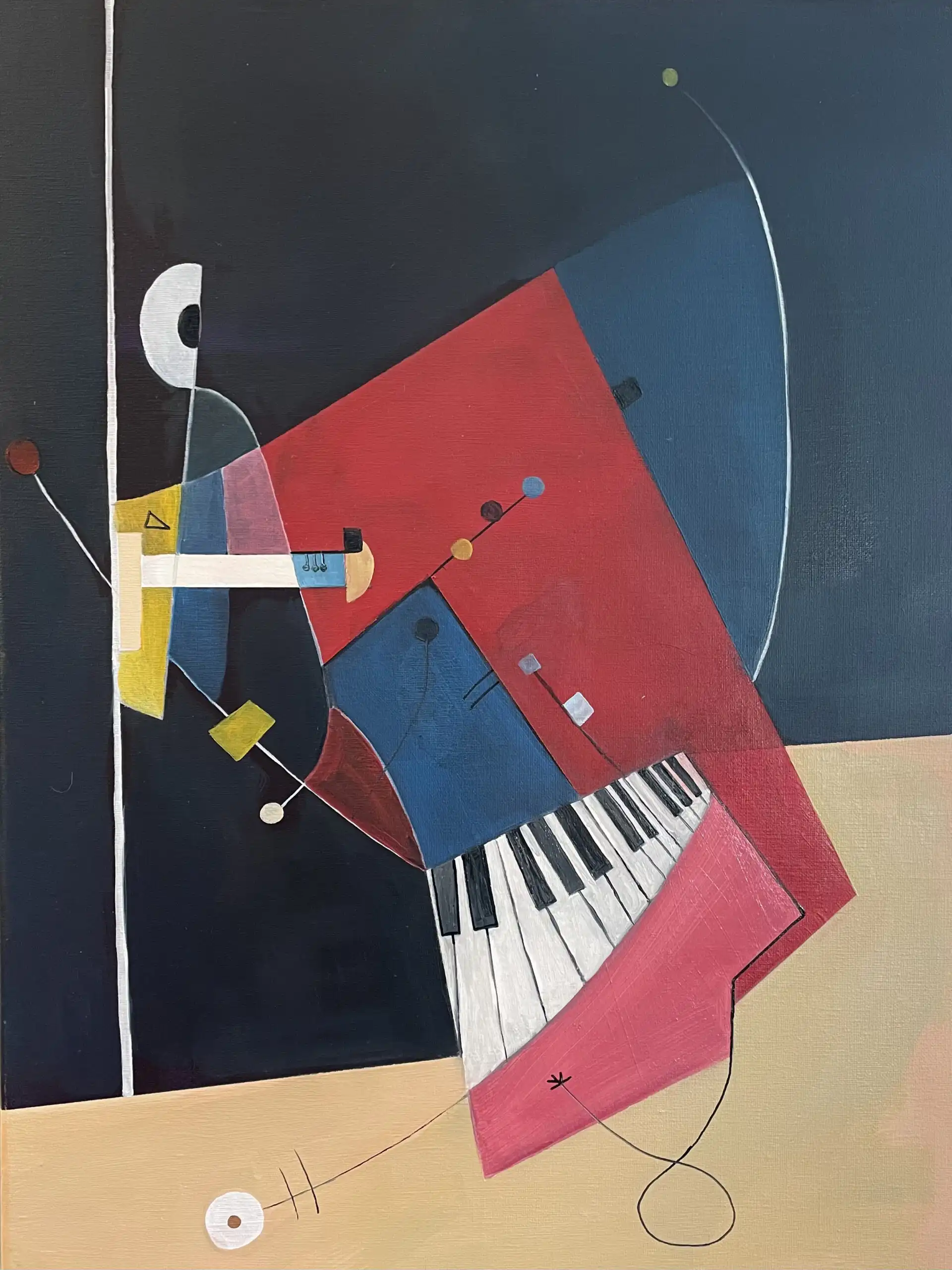 Abstract oil painting: diagonal piano keyboard lower right, large red geometric plane, deep navy background, white arc upper register, scattered coloured dots and geometric shapes, warm ochre ground.
