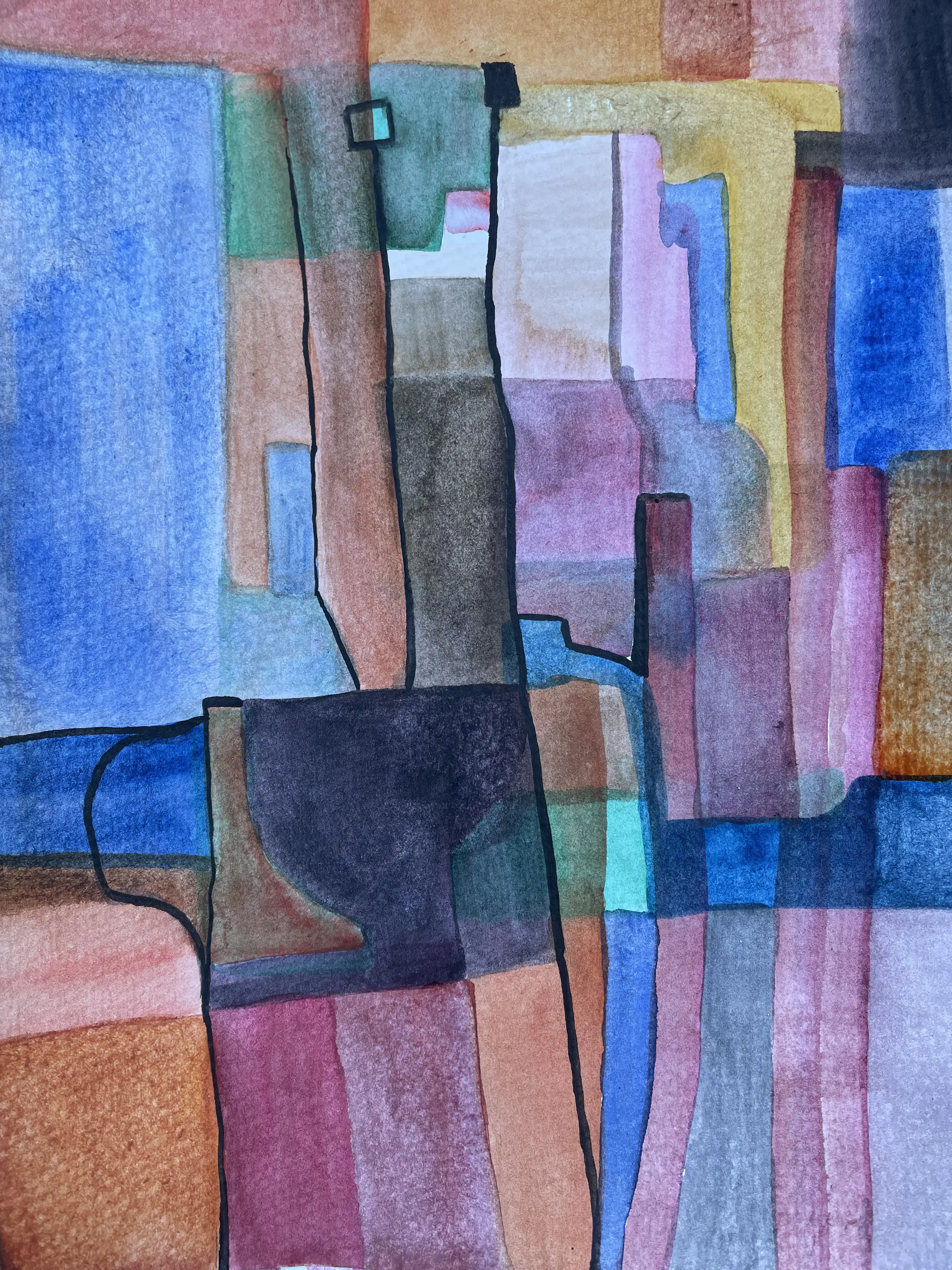 Watercolor painting with geometric forms: overlapping blue, violet, and earth tones in vertical arrangement