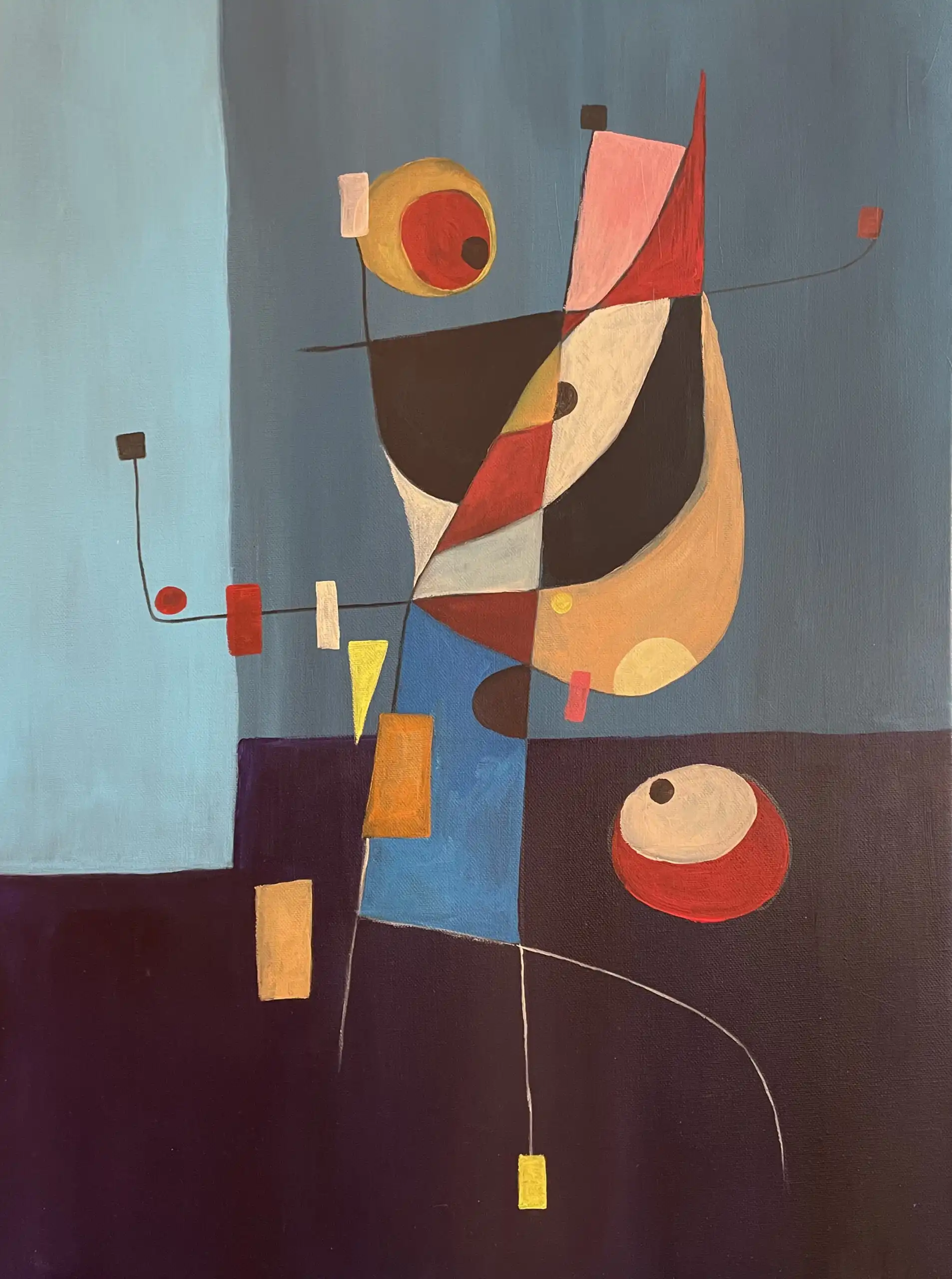 Abstract acrylic painting with geometric figure in red-orange and blue-gray, rising forms against divided background