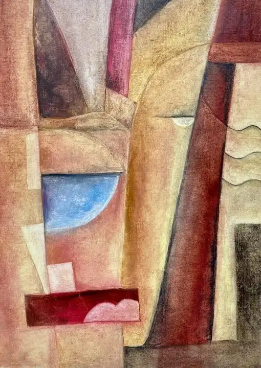 Oil painting with warm orange, tan, and brown geometric forms creating interlocking abstract composition