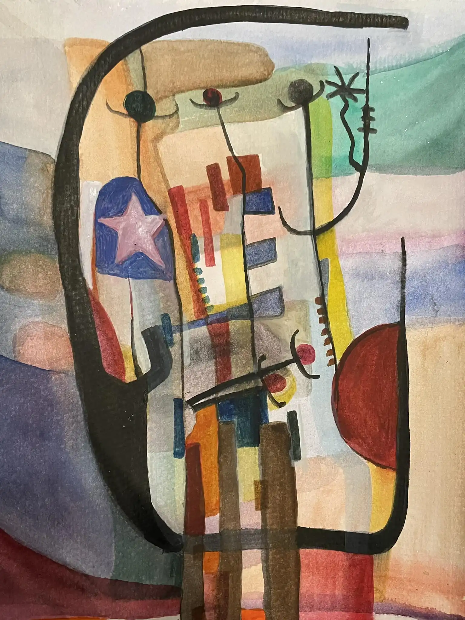 Abstract watercolor with star motif, warm ochres, and sweeping black lines evoking Texas