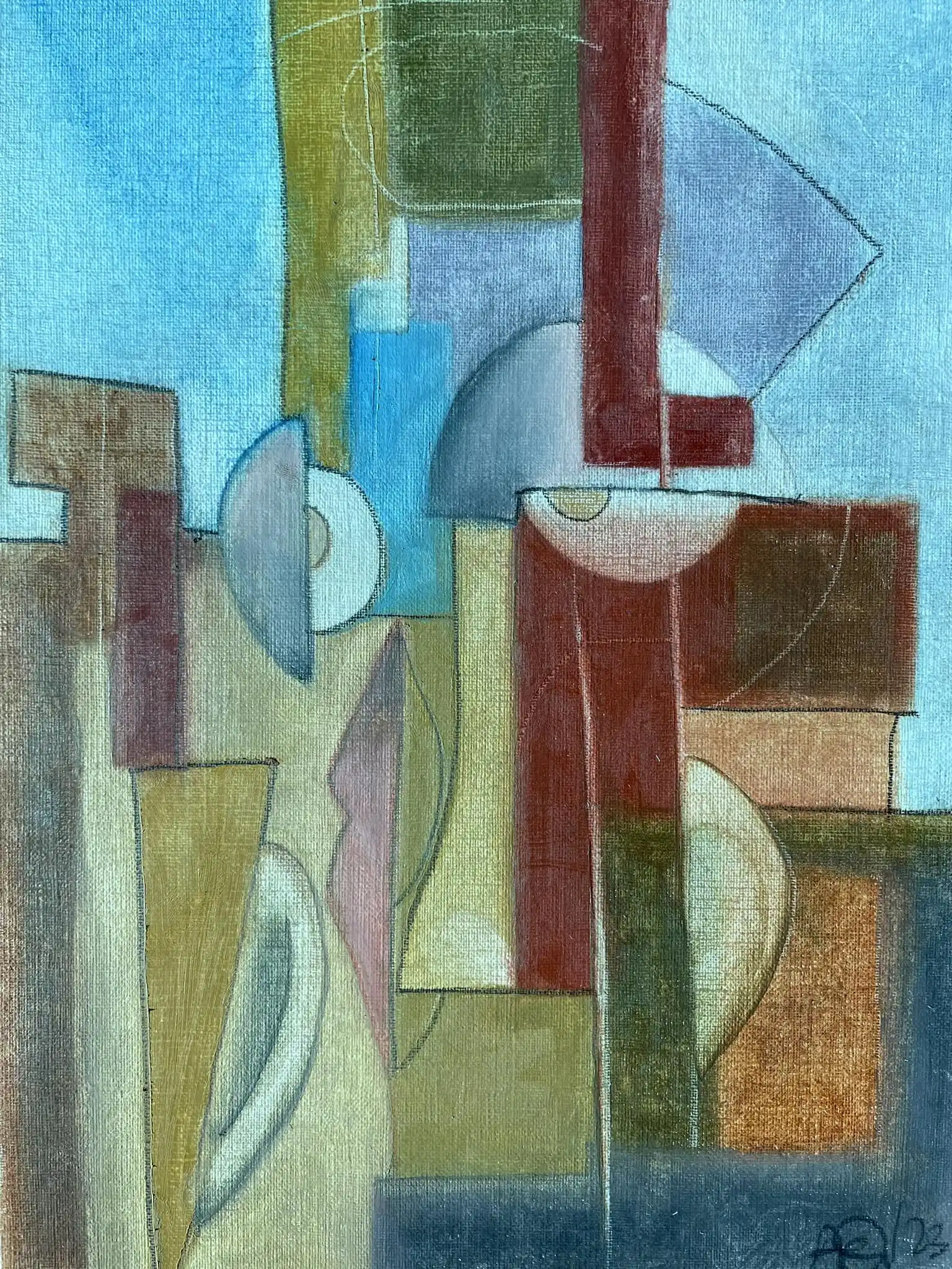 Oil painting with yellow-green and blue geometric forms arranged in cubist fragmentation on paper