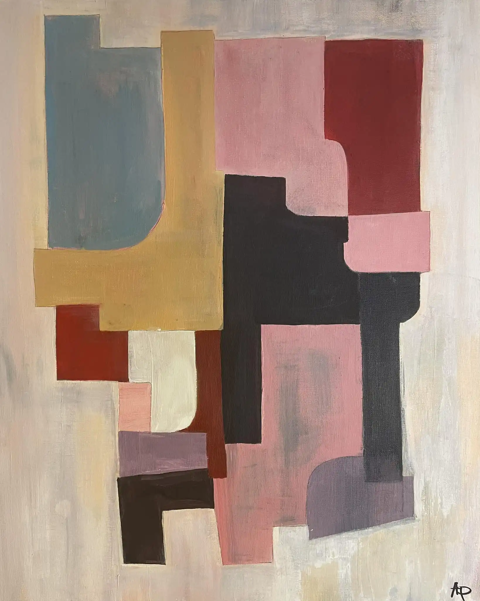 Peinture à l'acrylique avec des formes géométriques orange, jaune-orange et rouge-orange arrangées dans des relations harmoniques modales