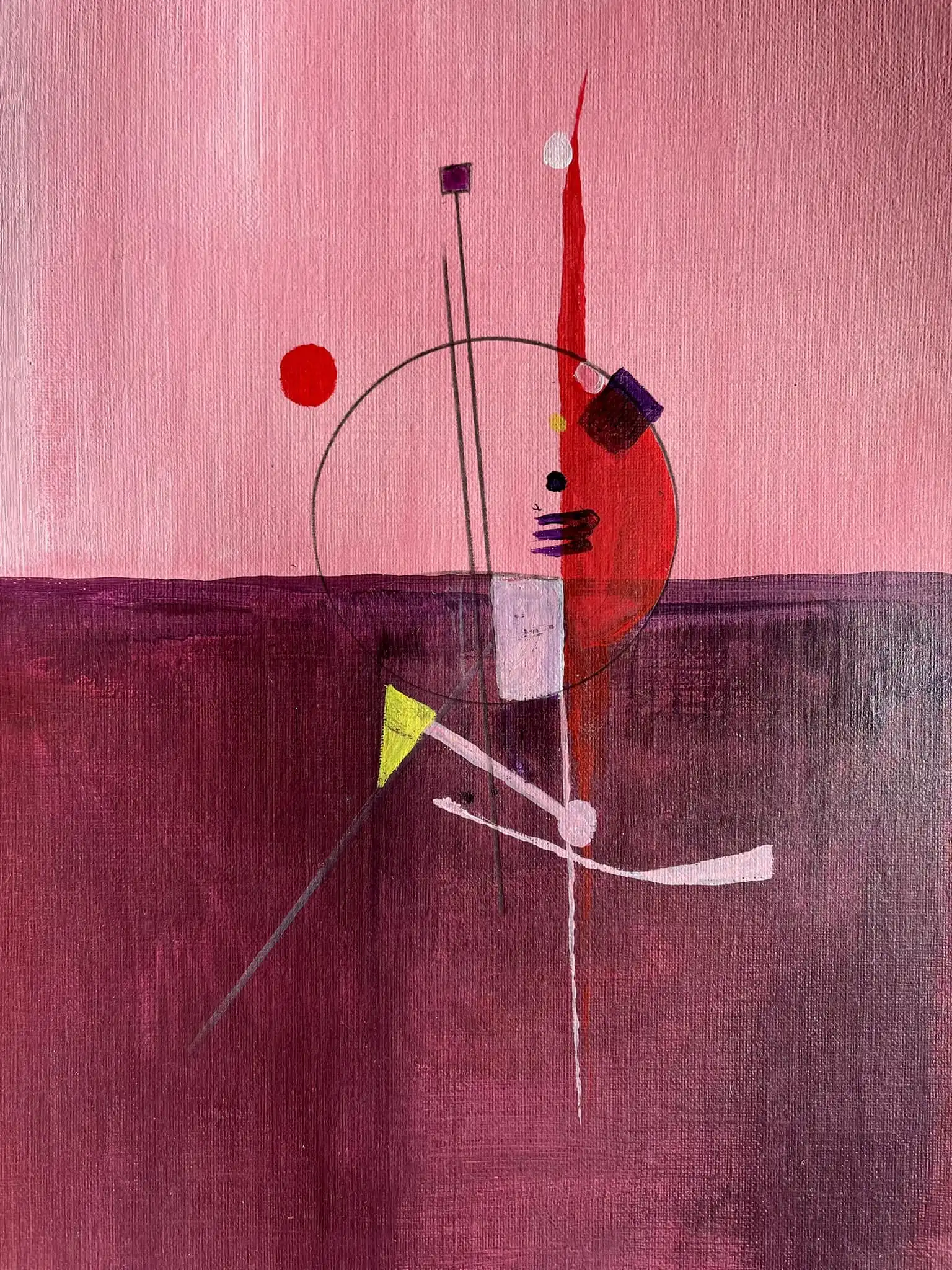 Abstract acrylic painting: red geometric forms and circular shapes intersect on pink background