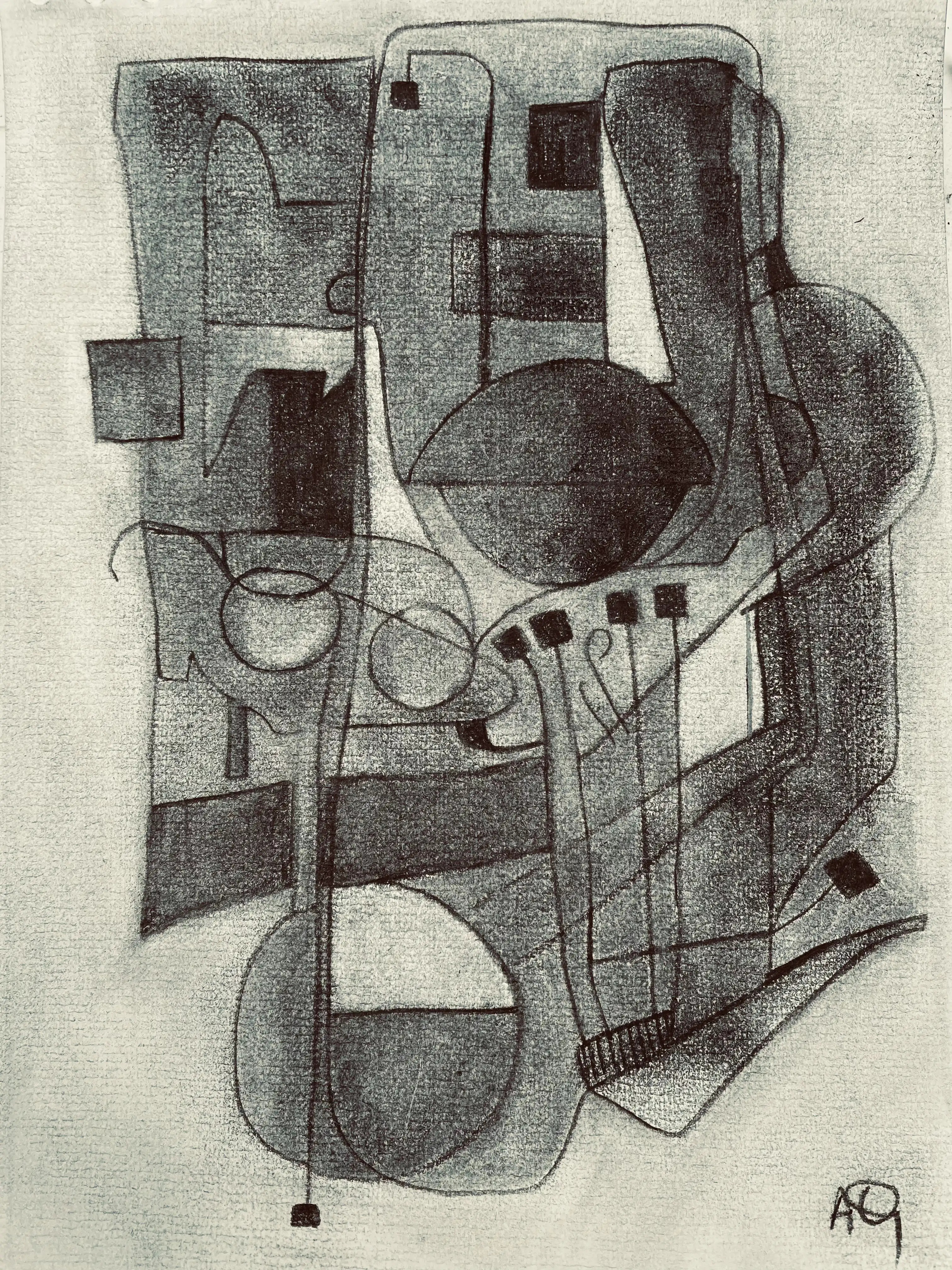 Mr Krueger by Arnaud Quercy at Art Quam Anima — Charcoal Drawing, Digital portrait with gray geometric forms: angular shapes and curved lines intersect in layered composition