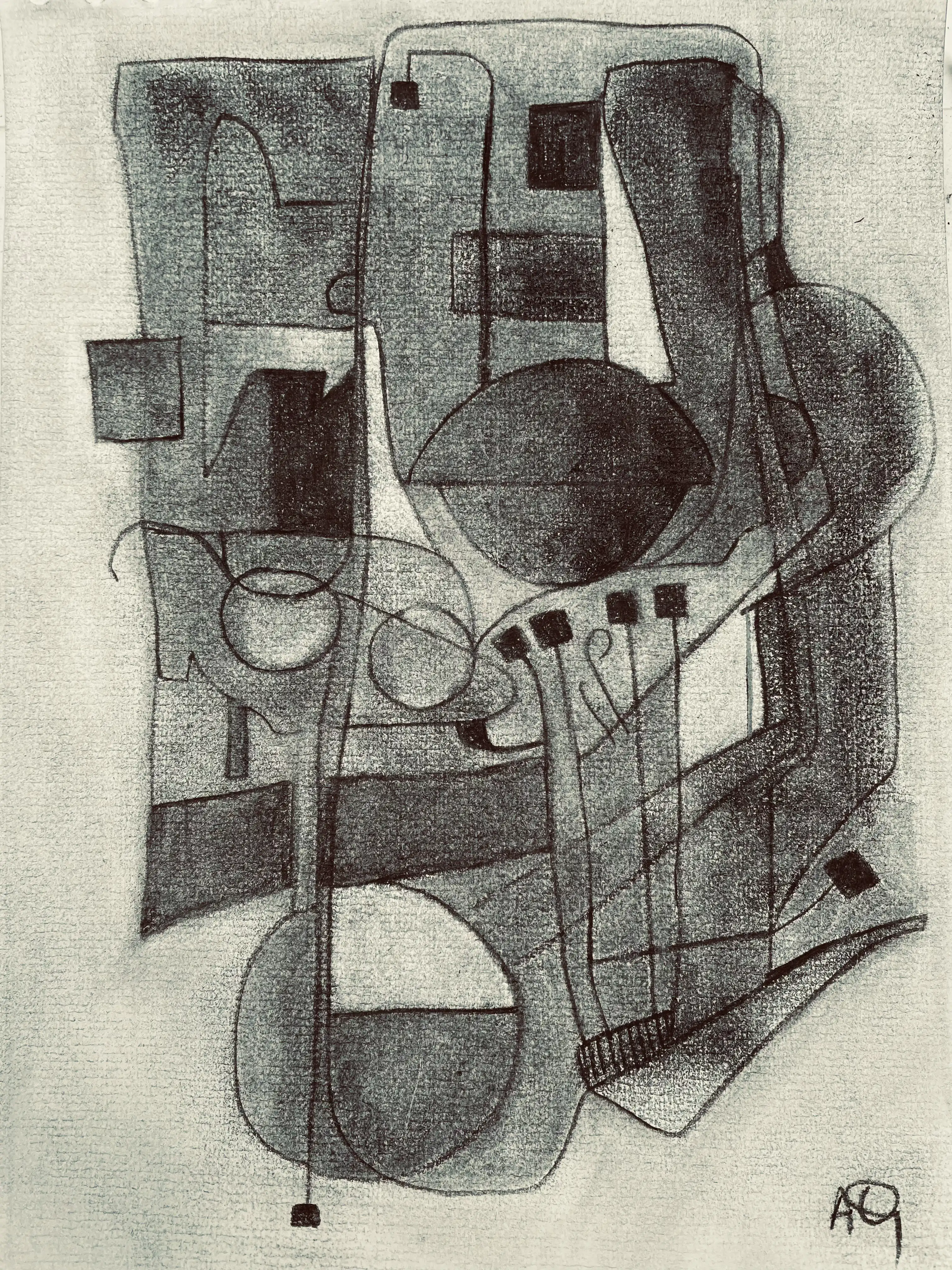 Digital portrait with gray geometric forms: angular shapes and curved lines intersect in layered composition