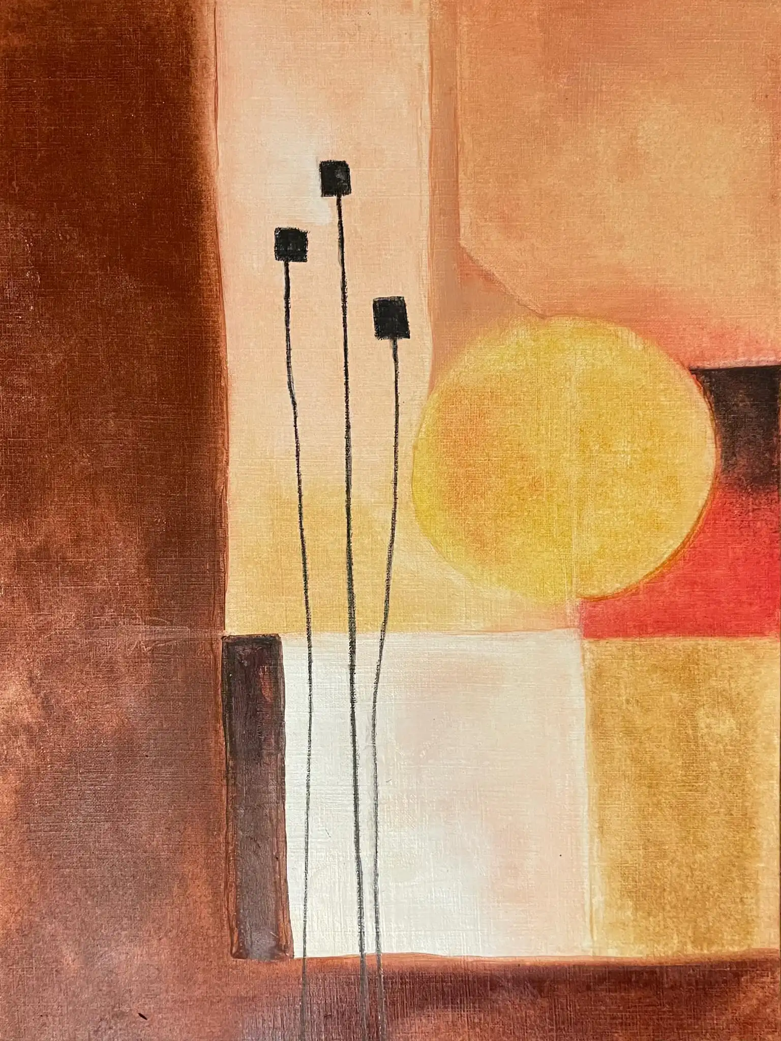 Oil painting with warm earth tones: geometric planes in sandy brown and orange with three dark vertical stems and yellow circle