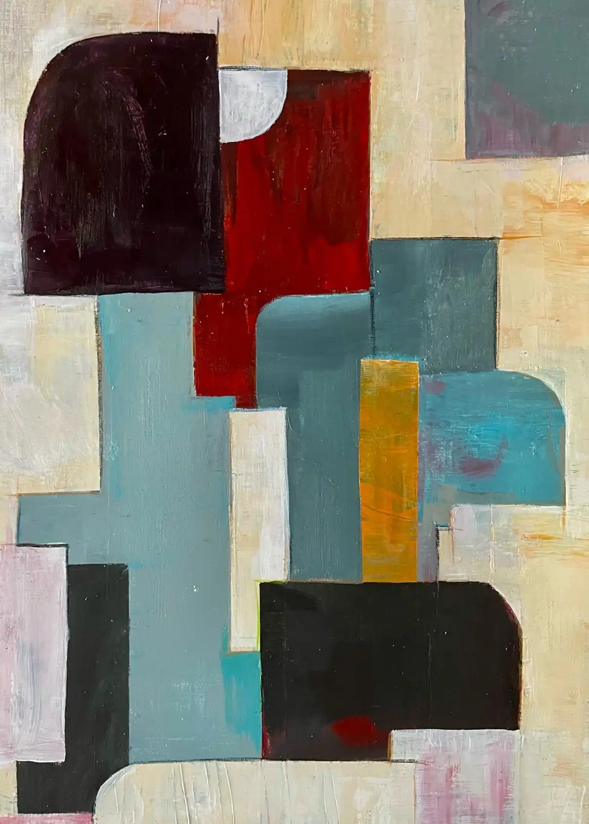 Abstract acrylic painting: geometric color blocks in yellows, blue-greens, and dark accents arranged vertically