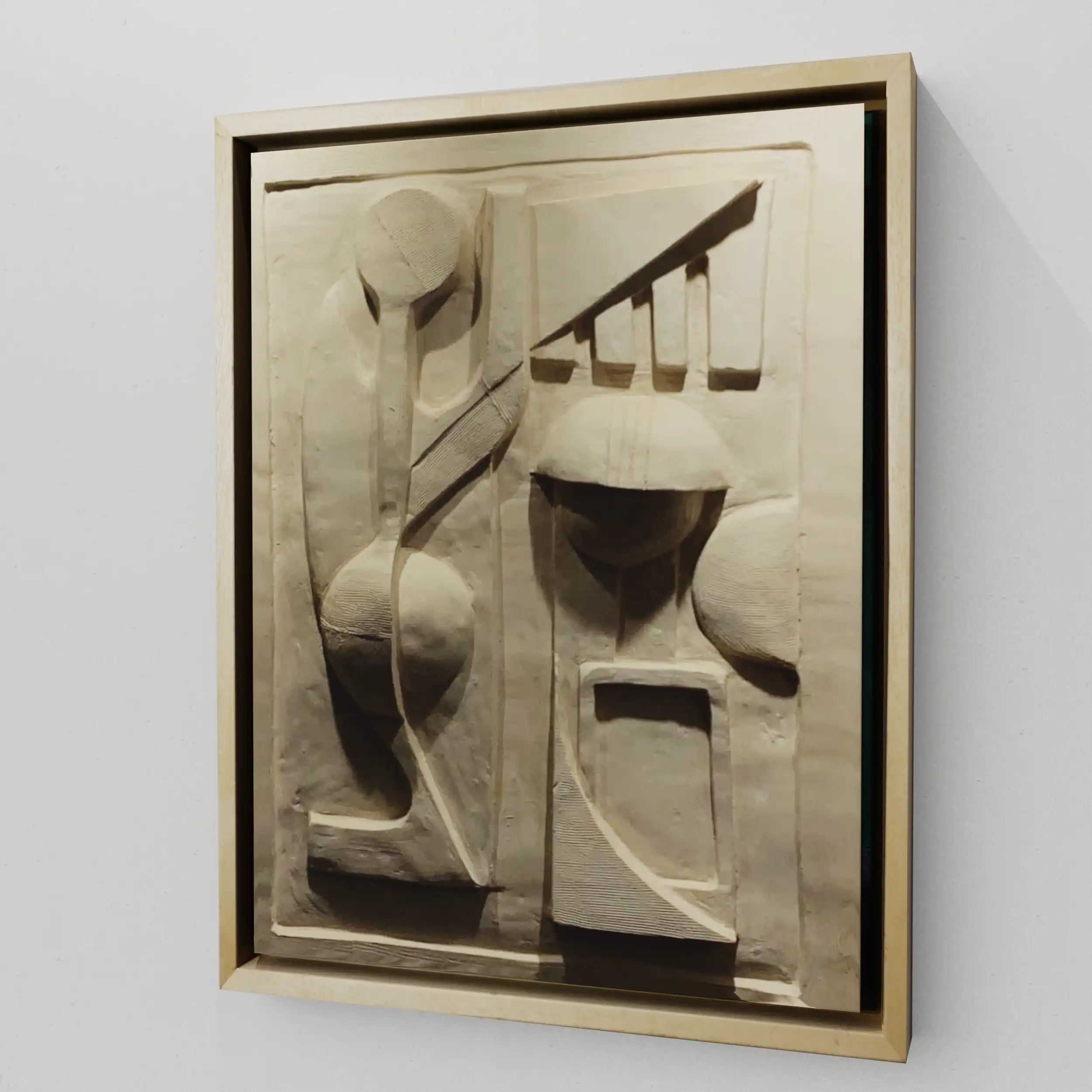 Terracotta bas-relief with wax finish showing stylized figure and geometric garden elements